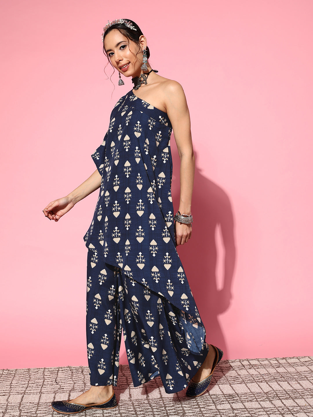 InWeave Women's Blue Boota One Shoulder Top With Palazzo Set