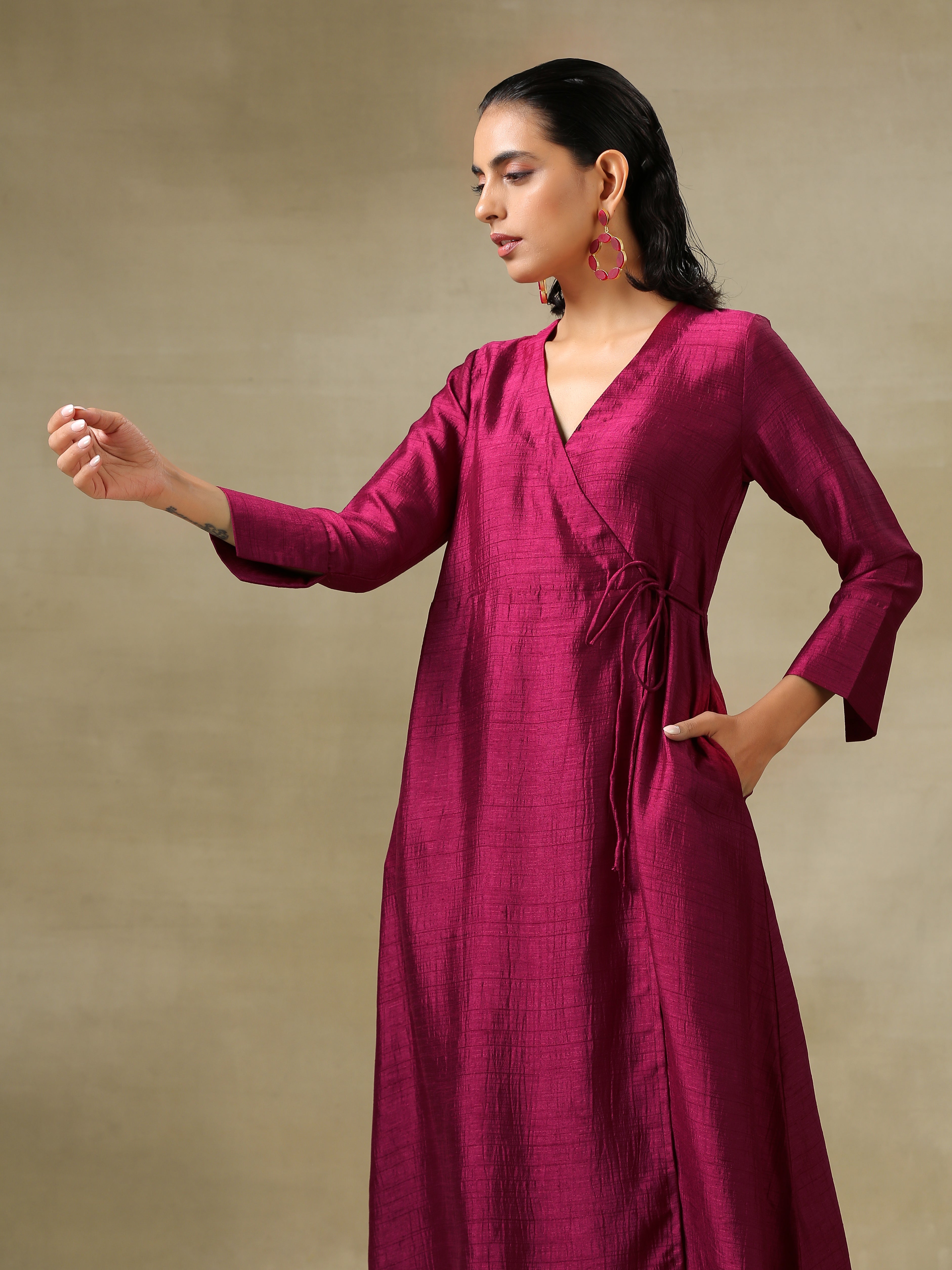 trueBrowns Purple Textured Silk Angrakha Kurta Pant Set