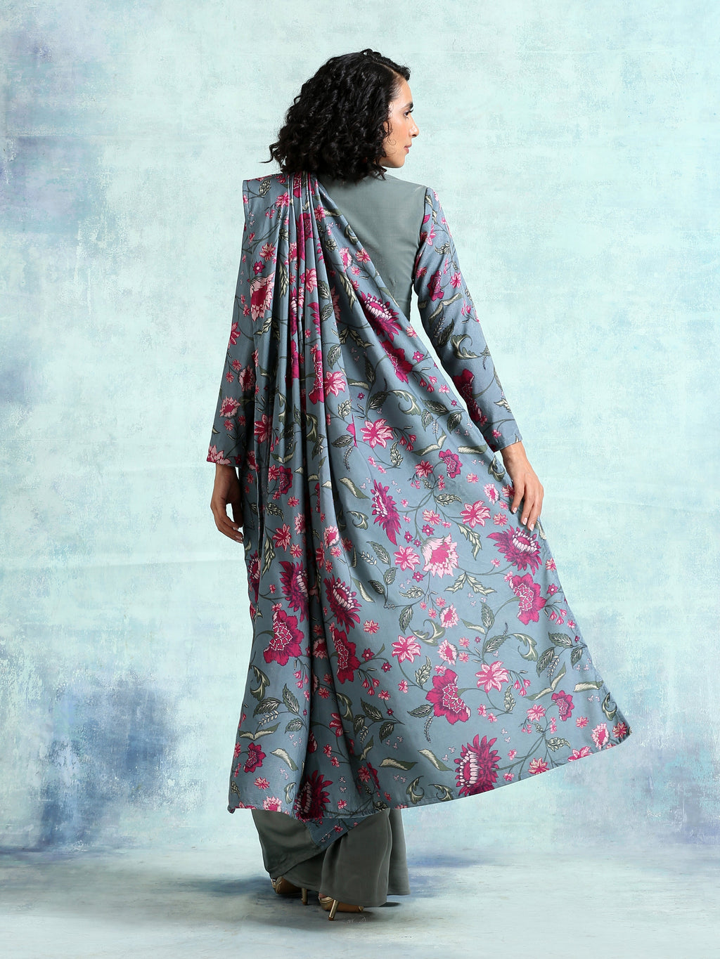 trueBrowns Grey Printed Velvet Ready to Wear Saree