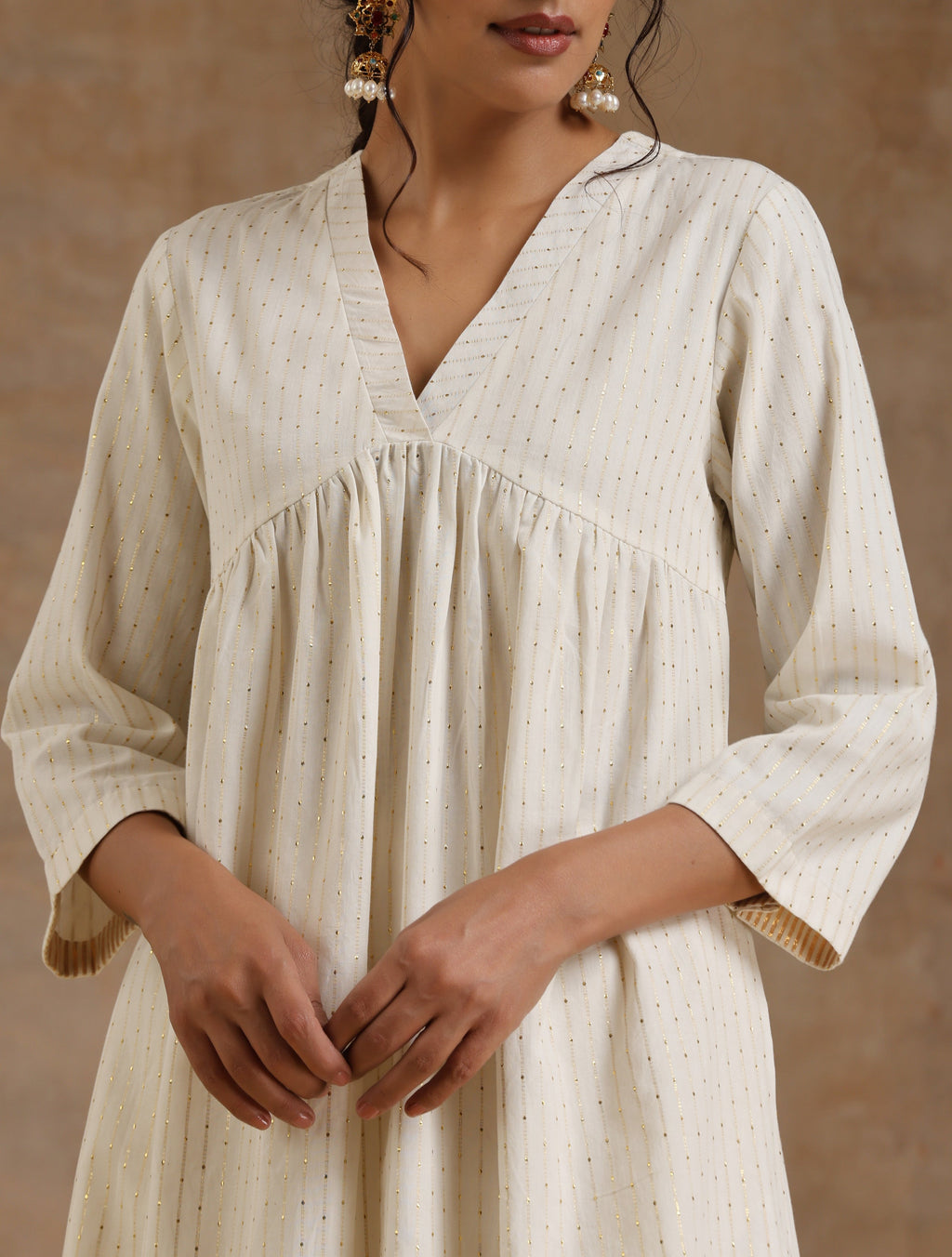 trueBrowns Ivory Gold Cotton Flared Kurta Set