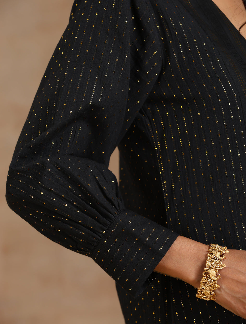 trueBrowns Black Gold Cotton Overlap Yoke Kurta Set