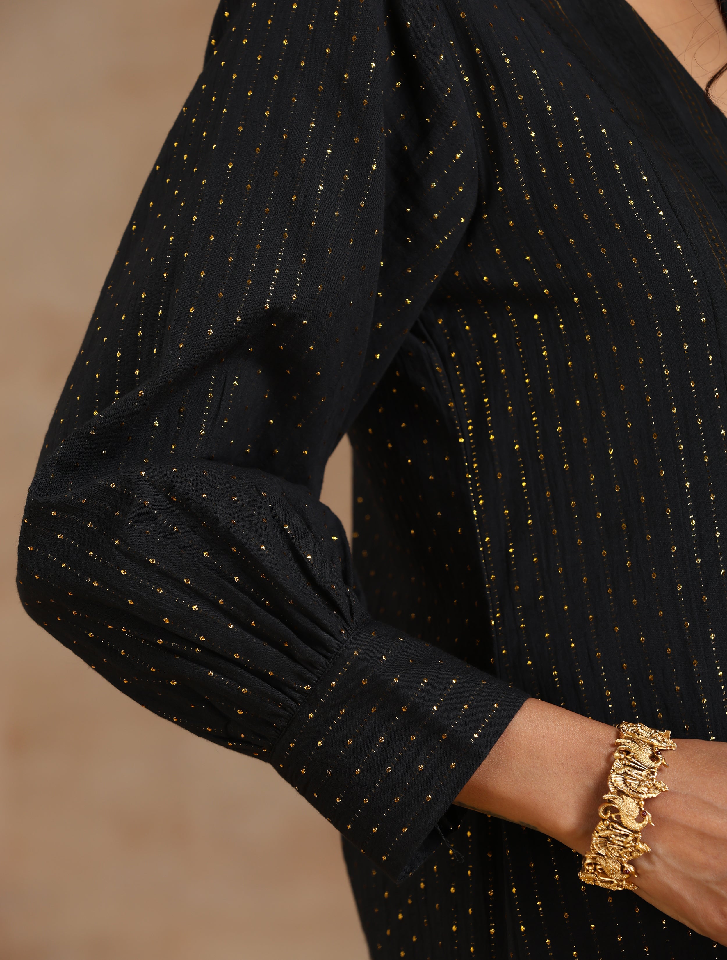 trueBrowns Black Gold Cotton Overlap Yoke Kurta Set