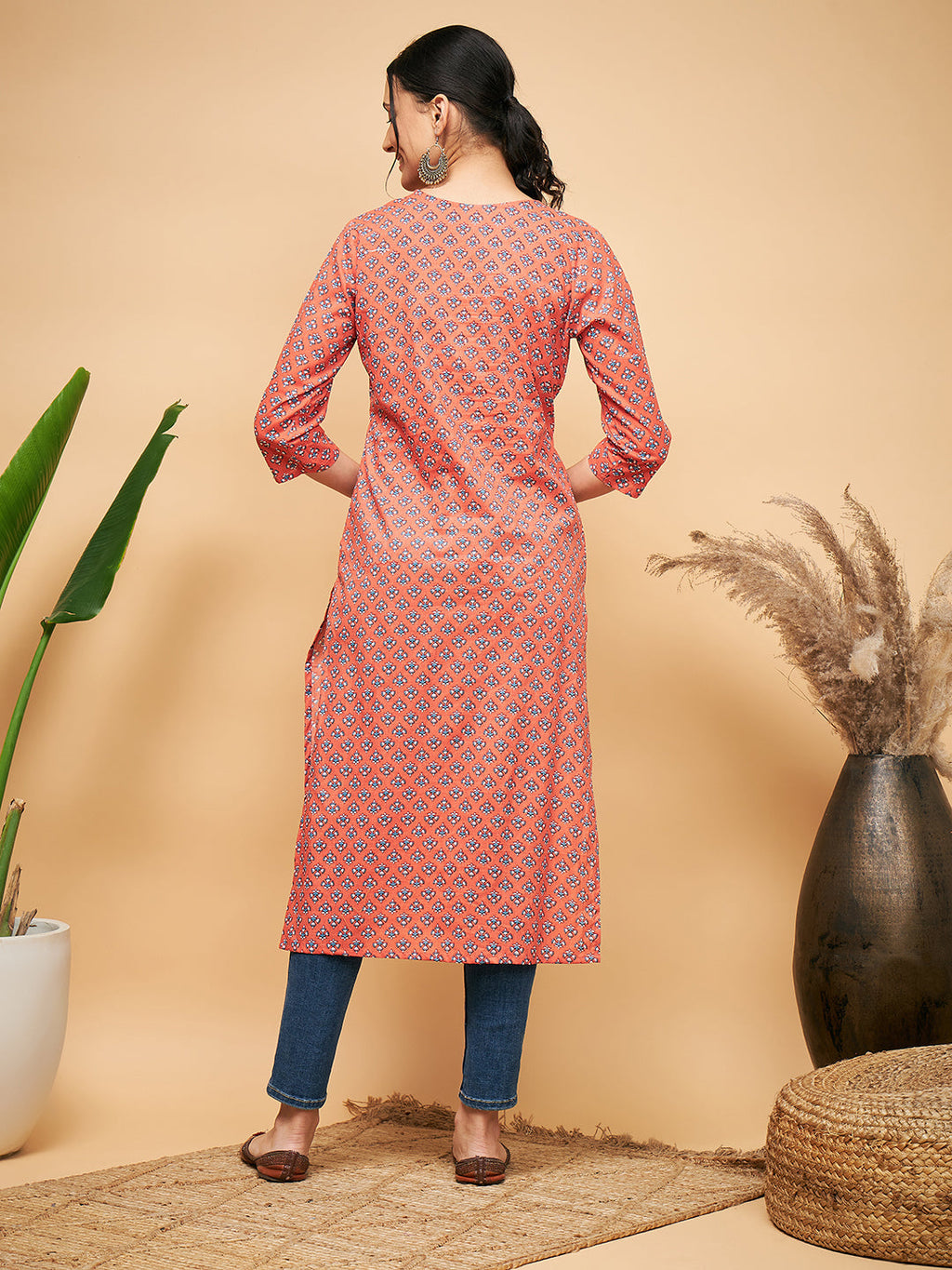InWeave Women's Coral Blue Boota Print Gota Straight Kurta