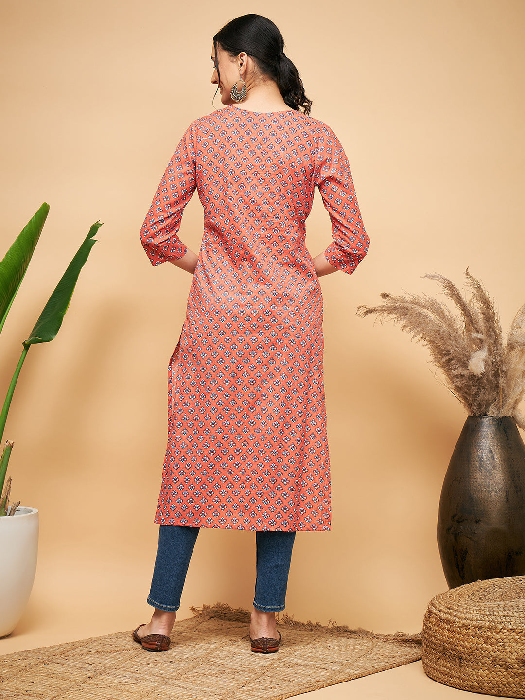 InWeave Women's Coral Blue Boota Print Gota Straight Kurta