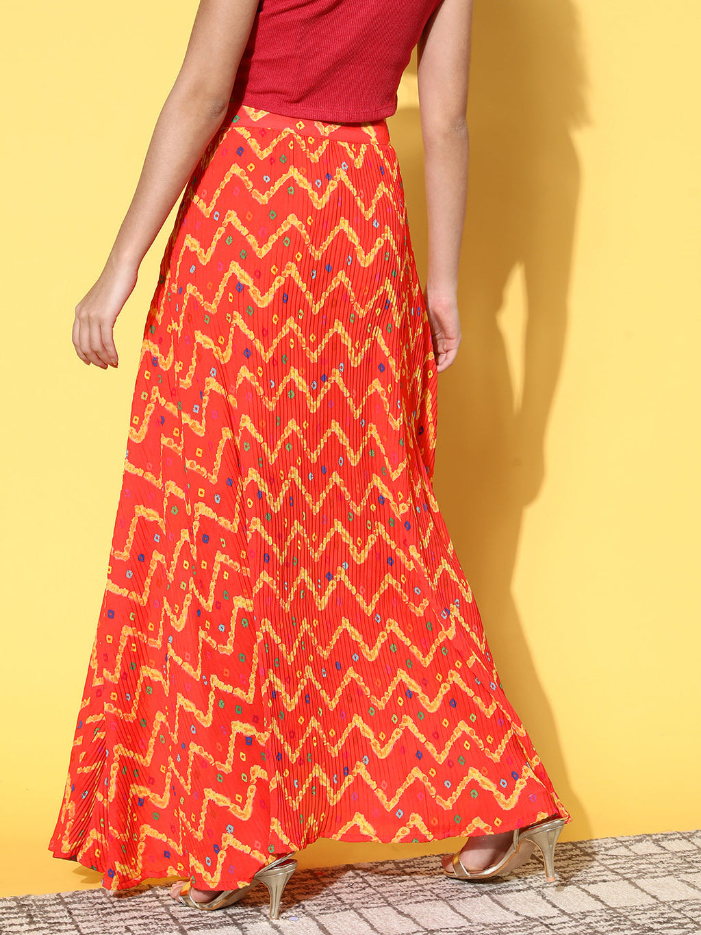 InWeave Women's Orange Bandhej Pleated Skirt