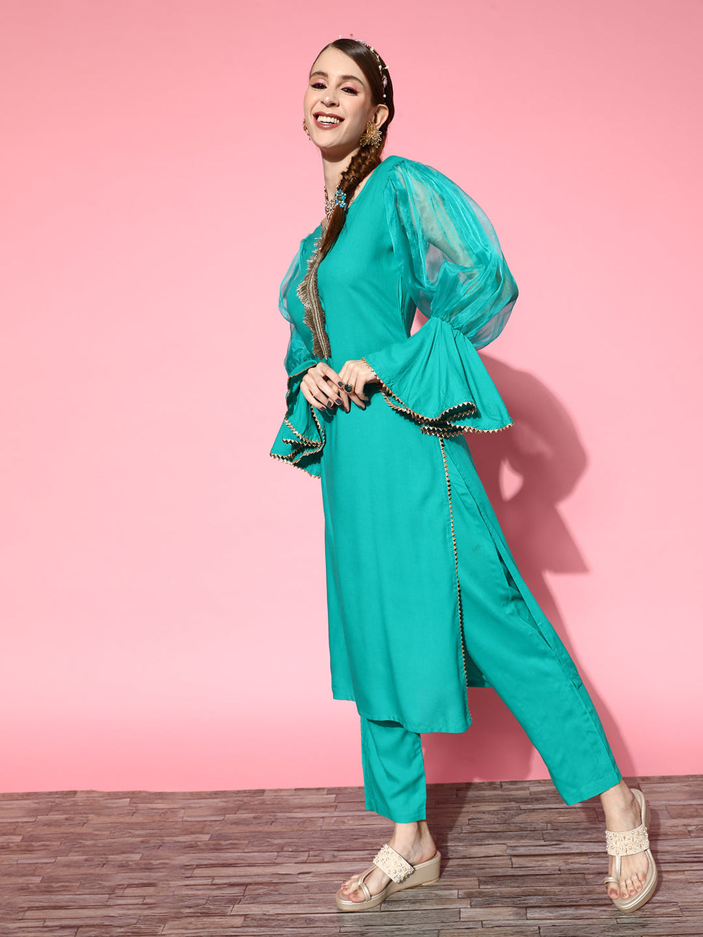 InWeave Women's Aqua Organza Sleeve Gota Work Kurta Set