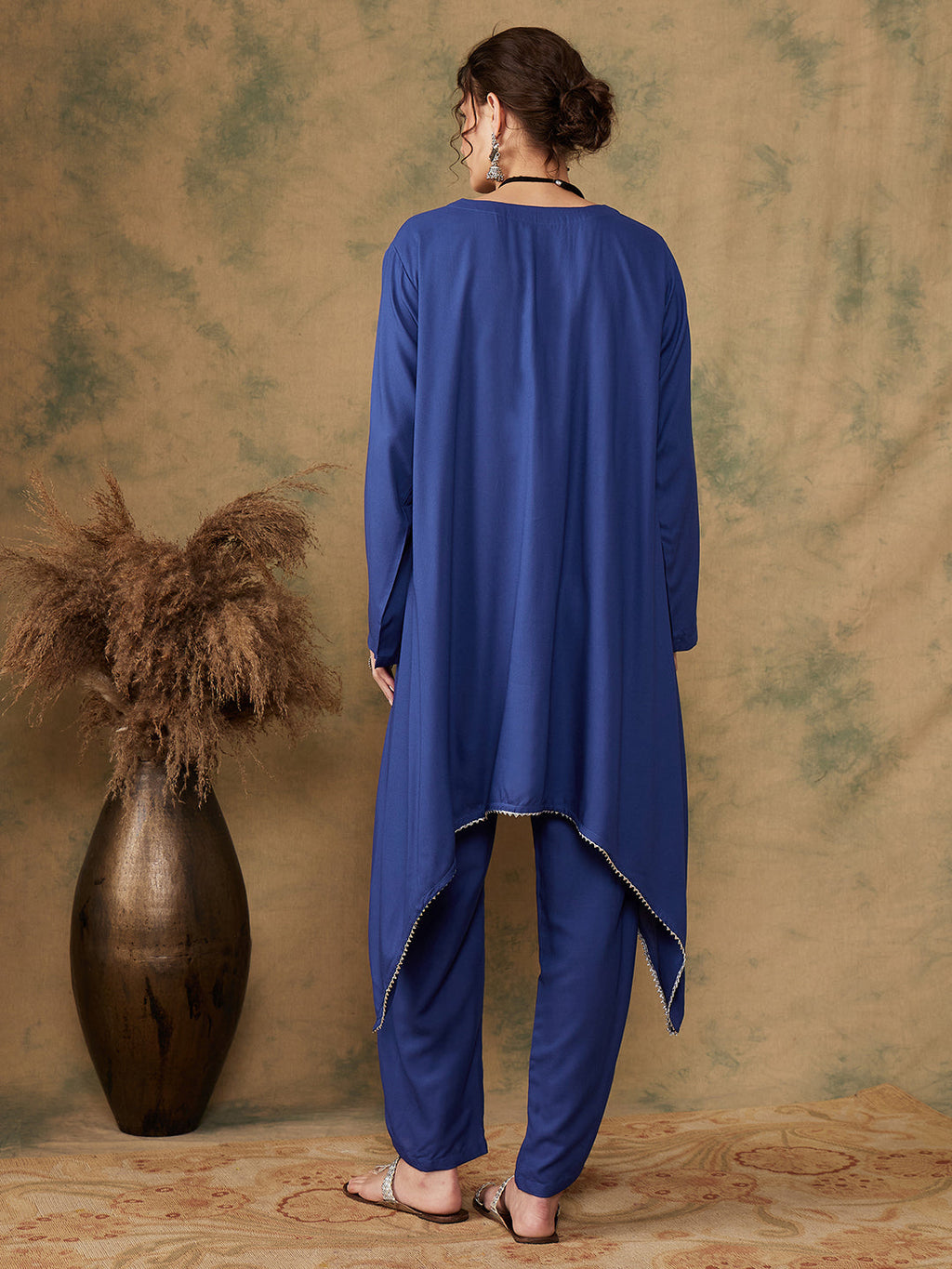 InWeave Women's Ink Blue Square Yellow Patch Work Assymentrical Kurta Set