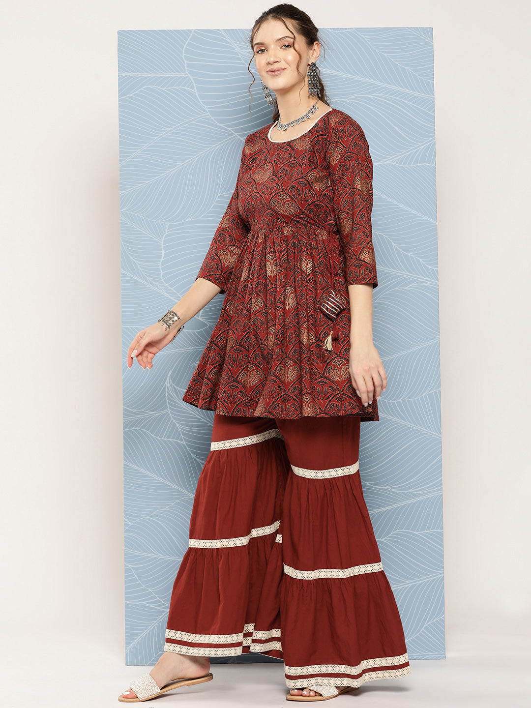 InWeave Women's Brick Rust Ajrakh Sharara Set With Dupatta