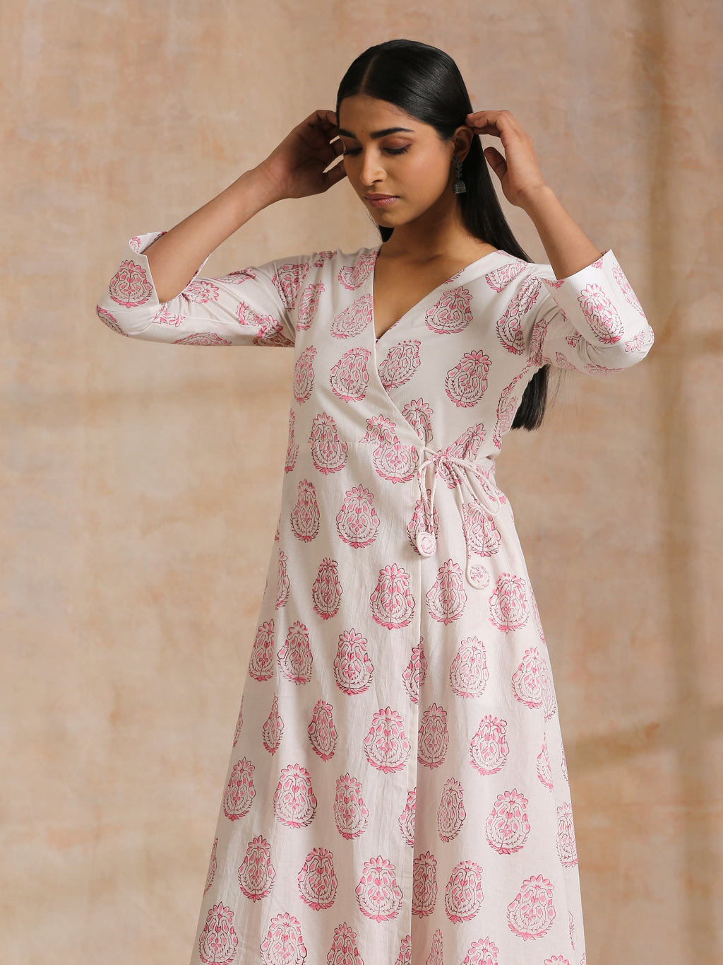trueBrowns Pink Big Buta On White Print Cotton Angrakha Kurta Pant Set