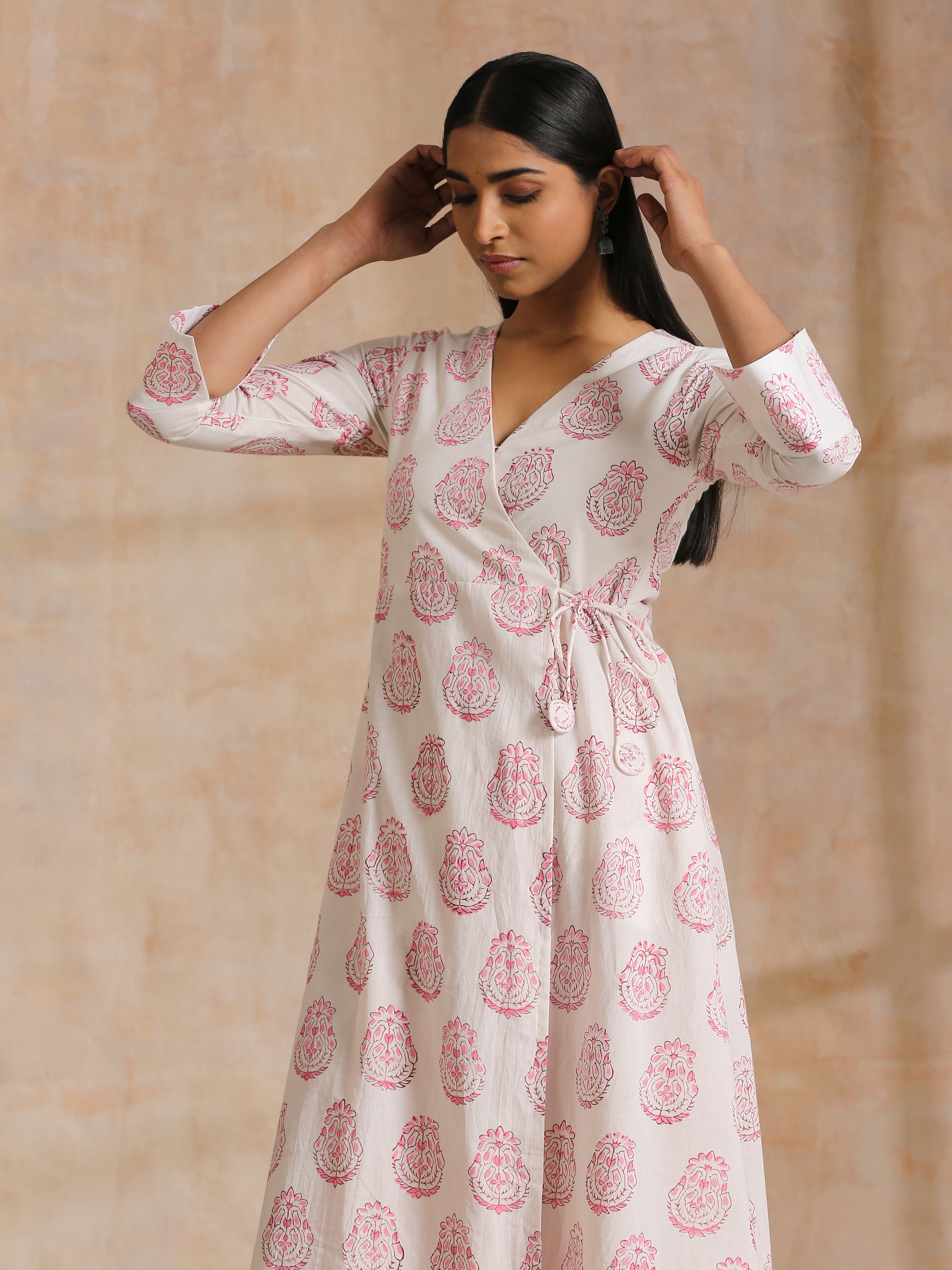 trueBrowns Pink Big Buta On White Print Cotton Angrakha Kurta Pant Set