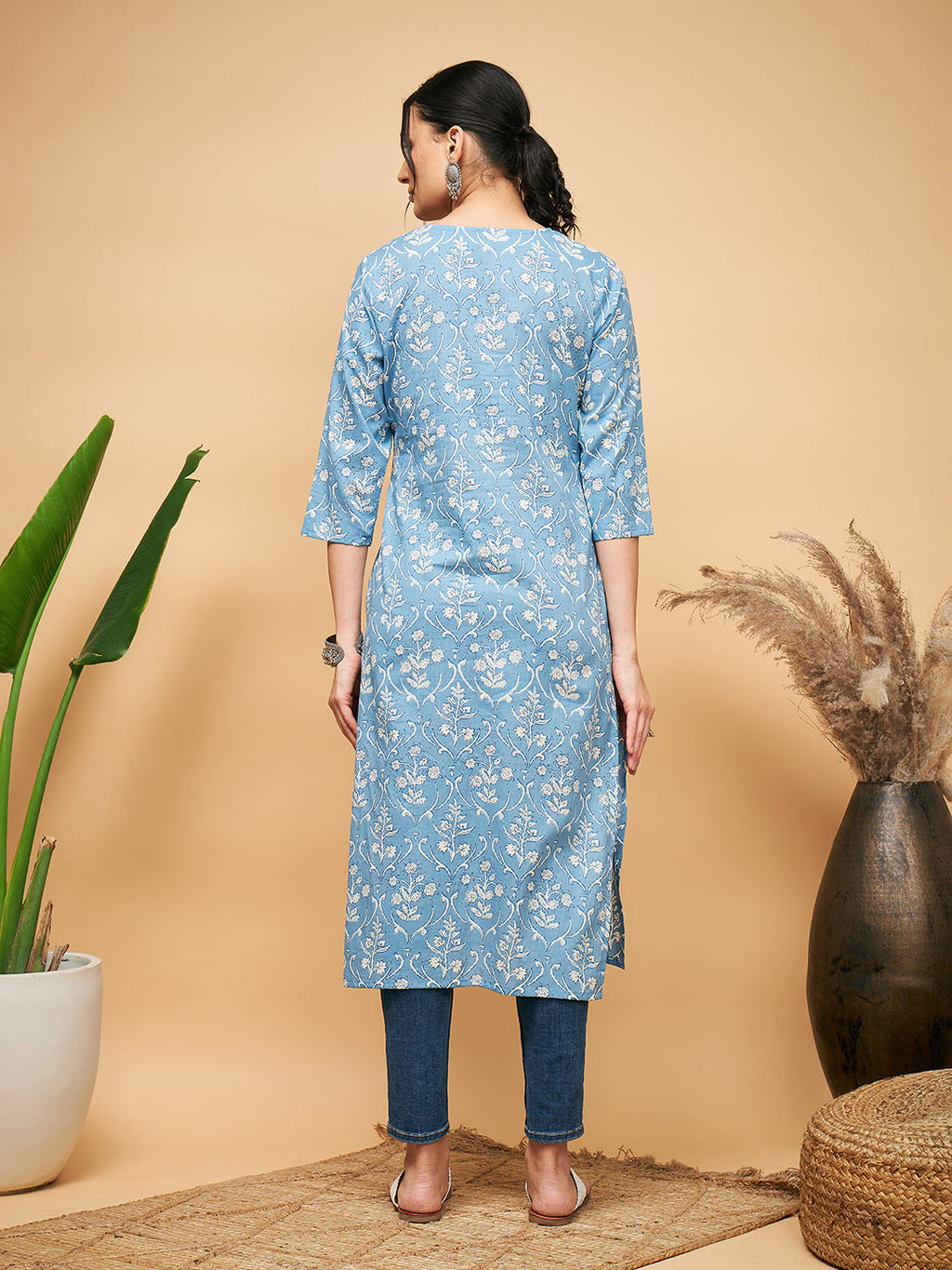 InWeave Women's Powder Blue White Print Lace Straight Kurta