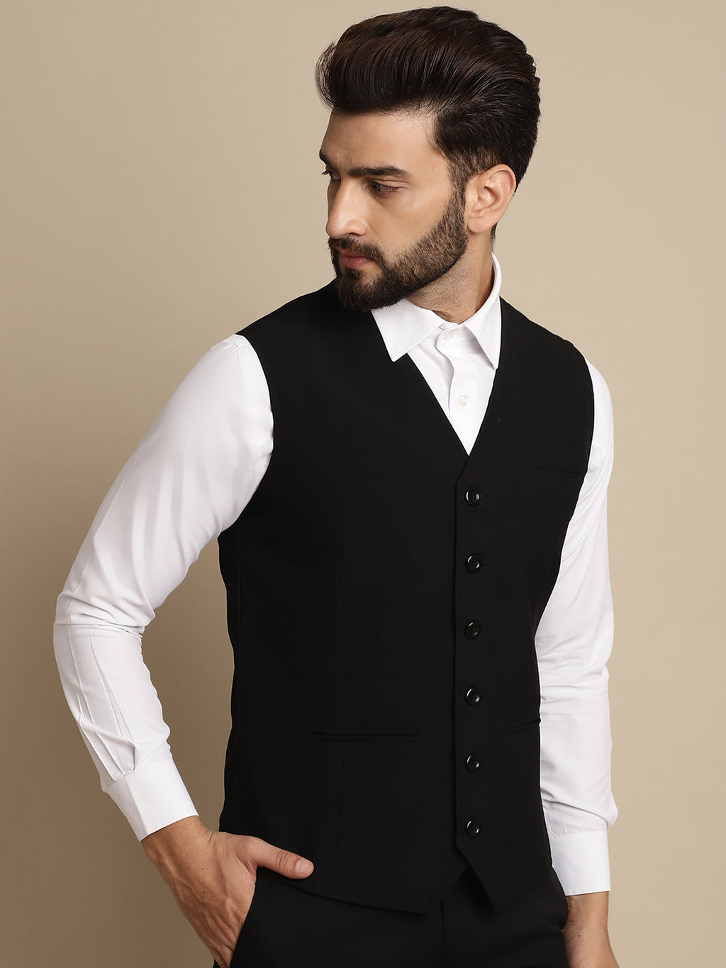 Even Apparels Men's Black Waistcoat with welt pockets