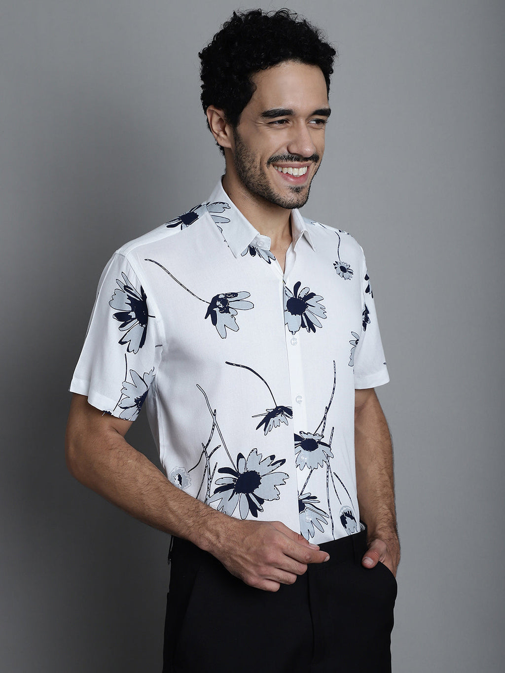 Jainish Men's Floral Printed Formal Shirts - White