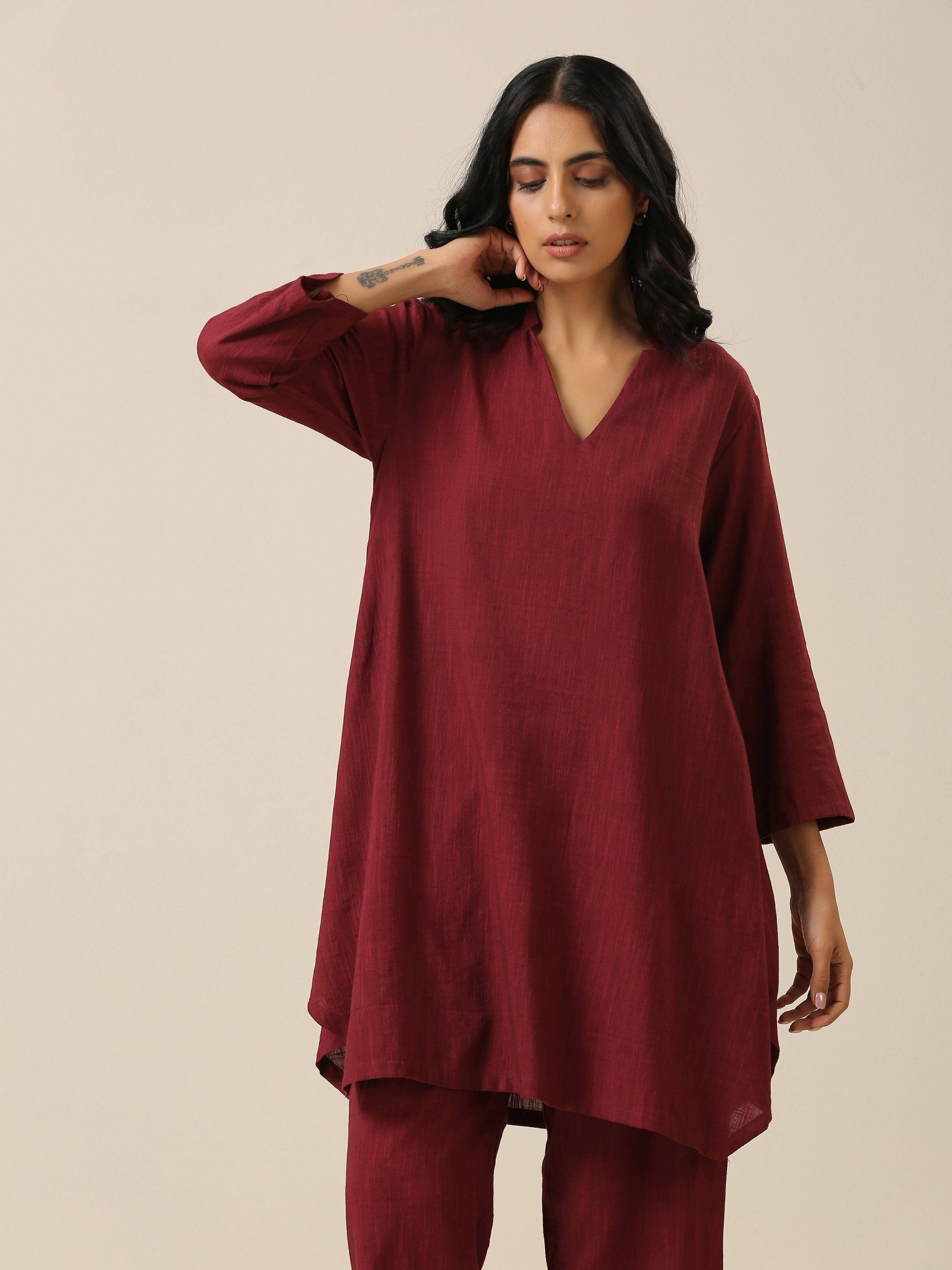 trueBrowns Ruby Wine Slub Textured Collar Co-Ord Set