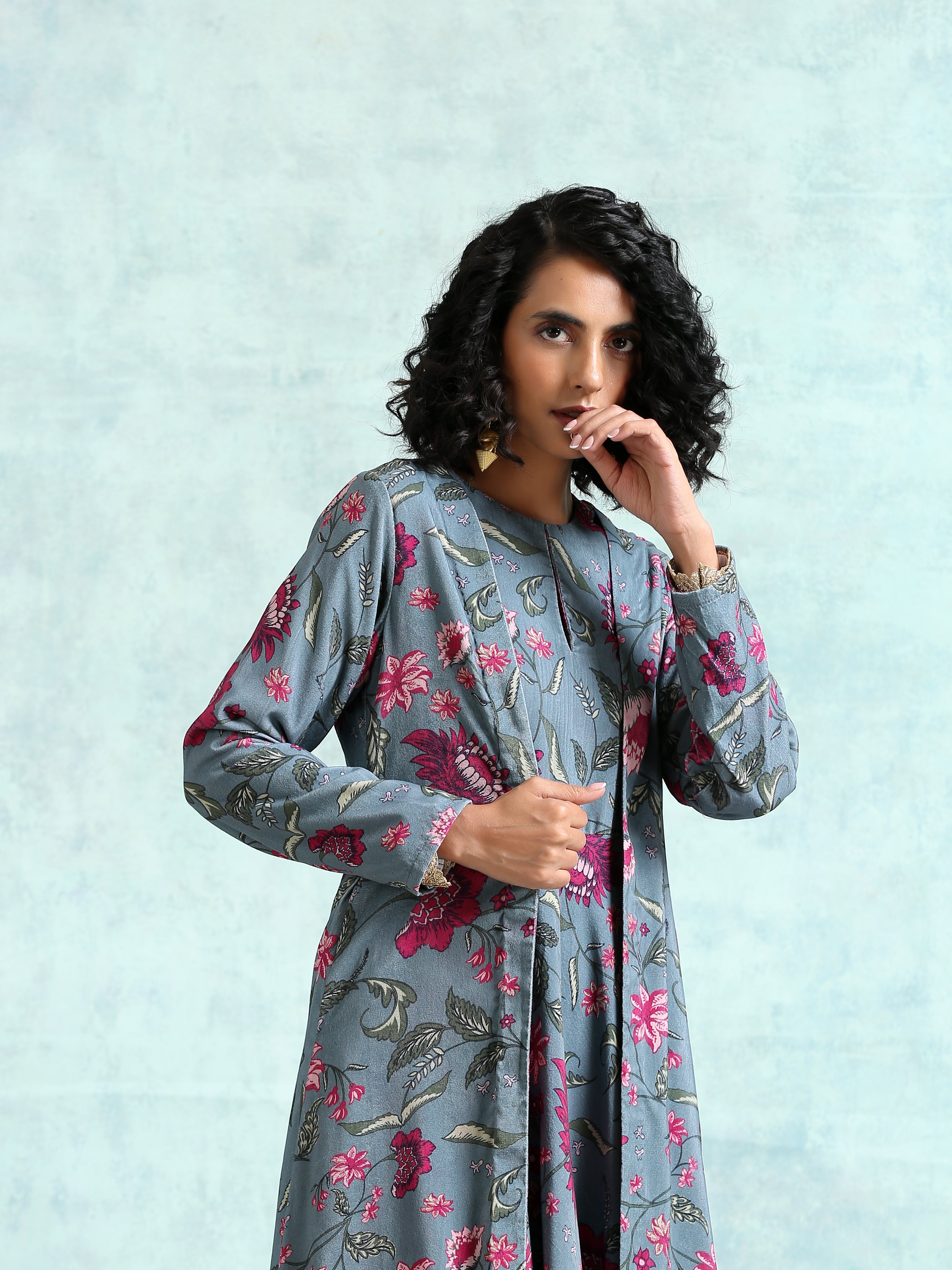trueBrowns Grey Printed Velvet Overlay Jacket
