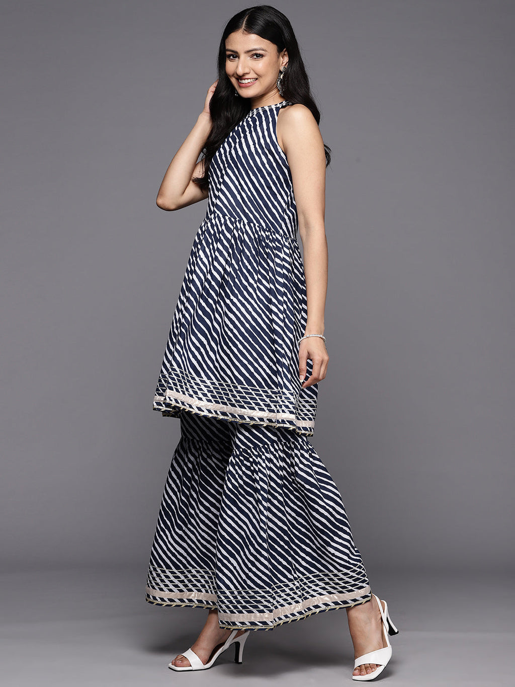 KSUT (House of Varanga) Blue And White Leheriya Halter Neckline Gota Work Kurta With Sharara