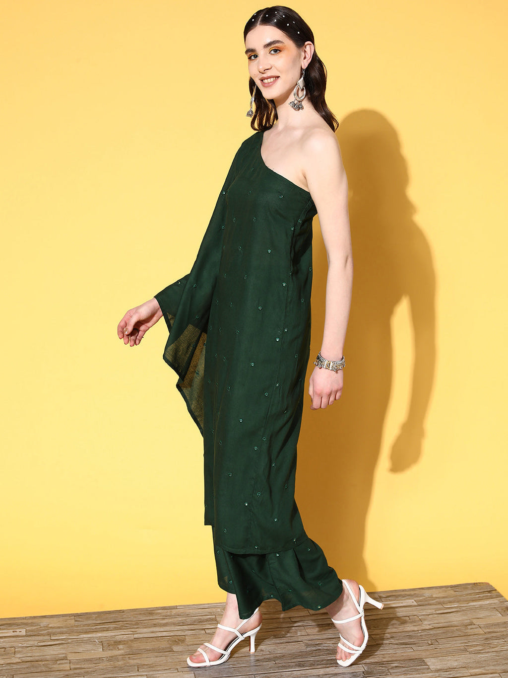 InWeave Women's Green Mirror Work One Shoulder Kurta Set