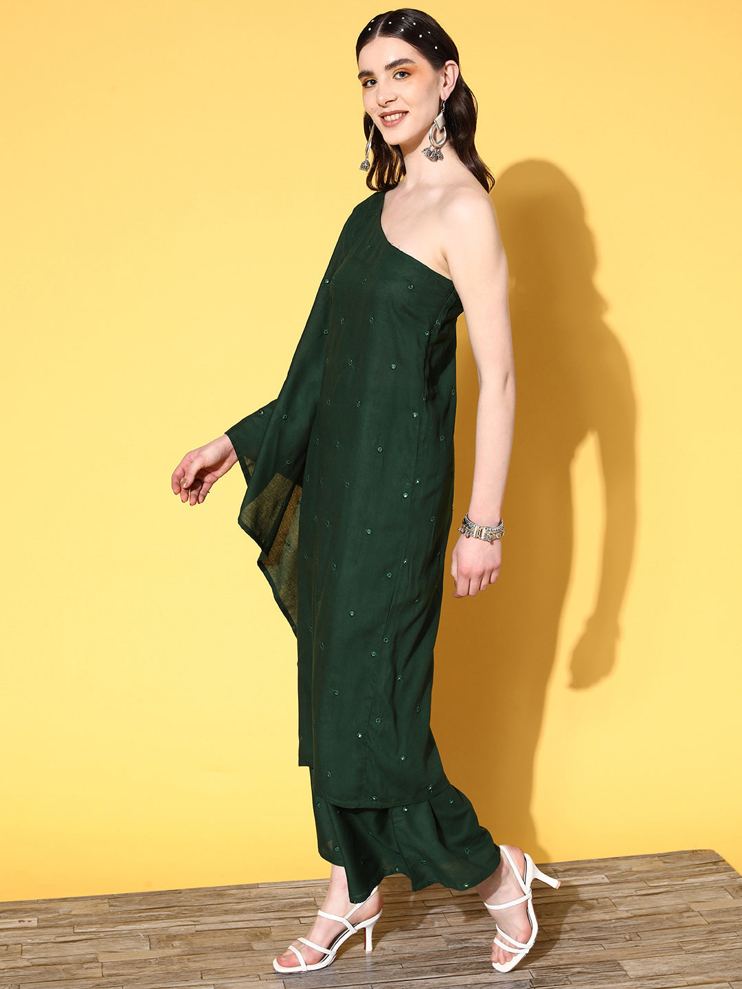 InWeave Women's Green Mirror Work One Shoulder Kurta Set