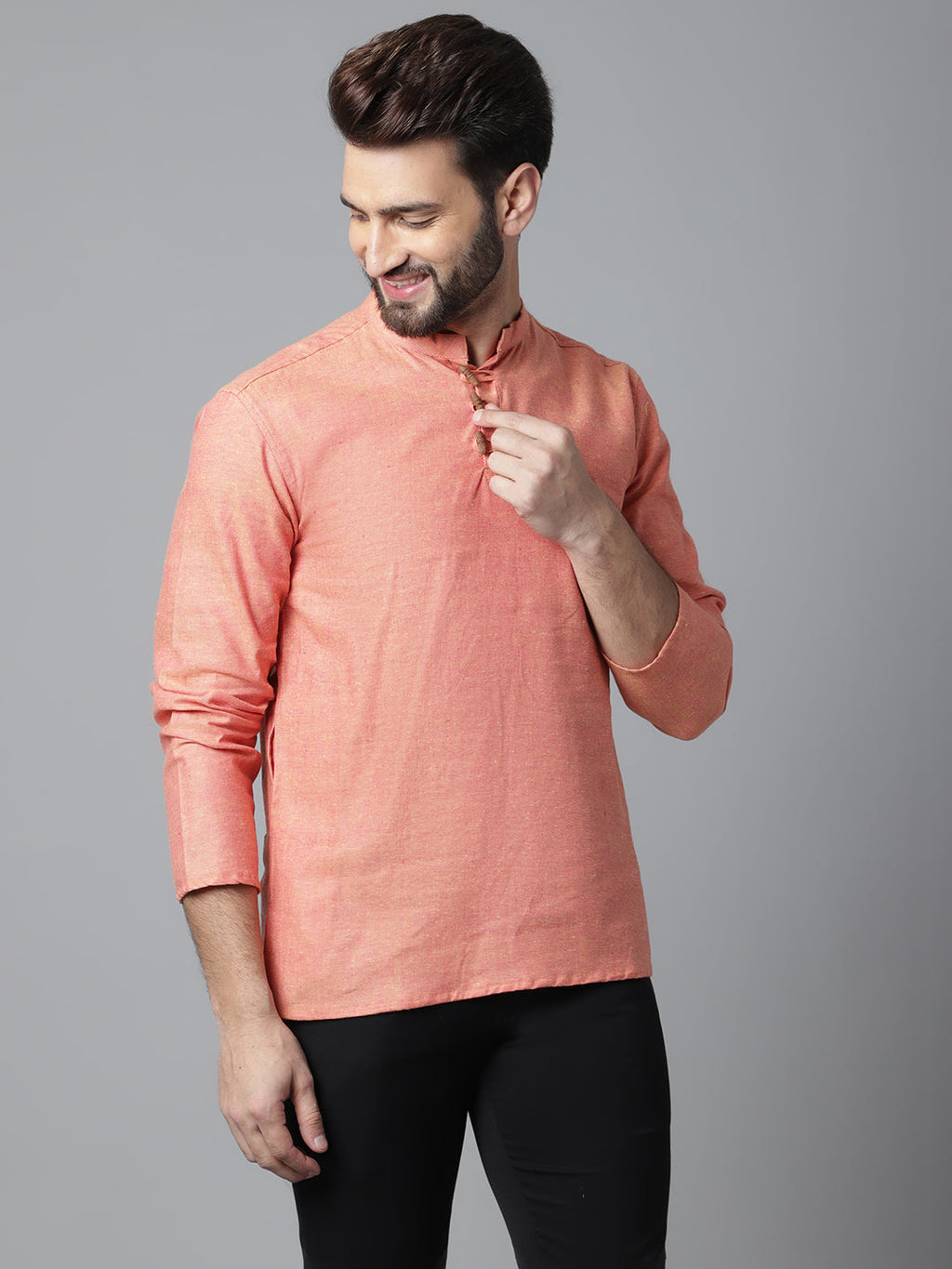 Even Apparels Orange Pure Cotton Kurta With Band Collar