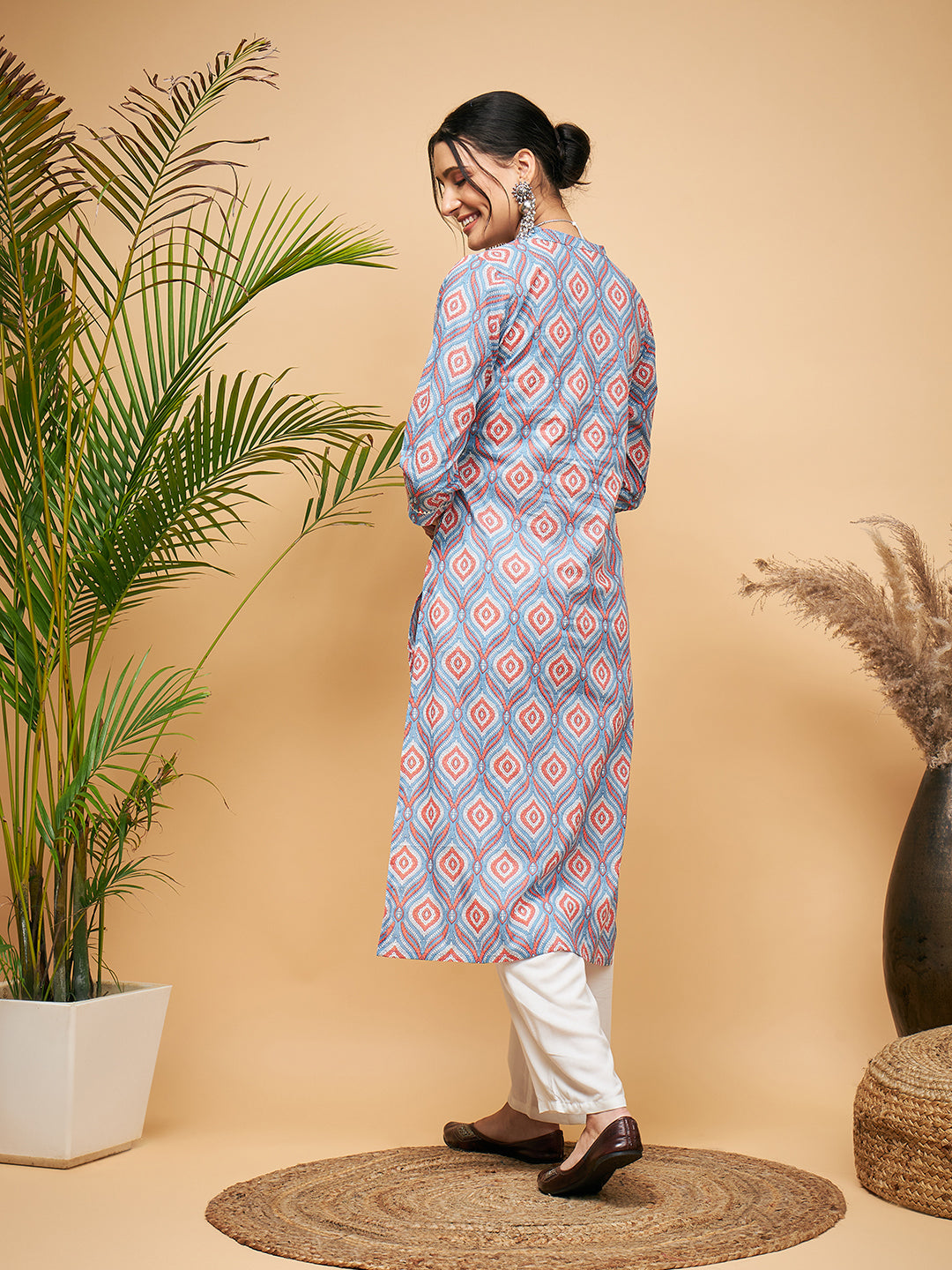 InWeave Women's Blue Pink Print Angrakha Style Straight Kurta Pant Set