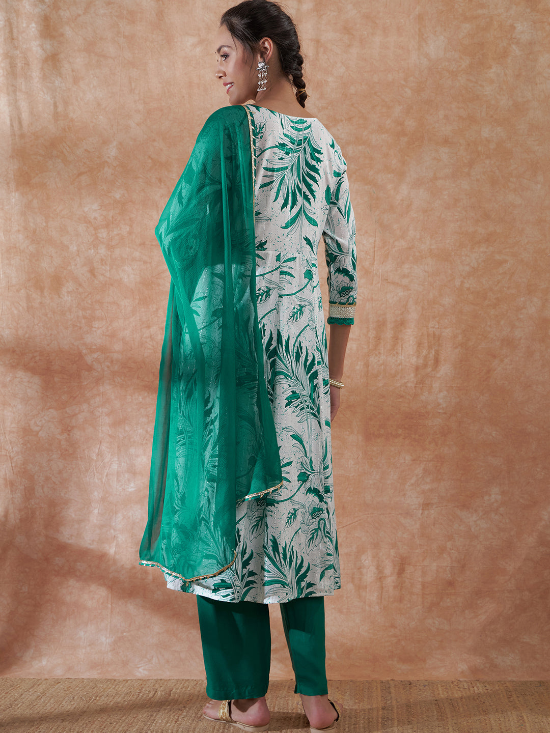 InWeave Women's White Teal Lurex Leaf Print Patch Gota Kurta Set W Teal Dupatta