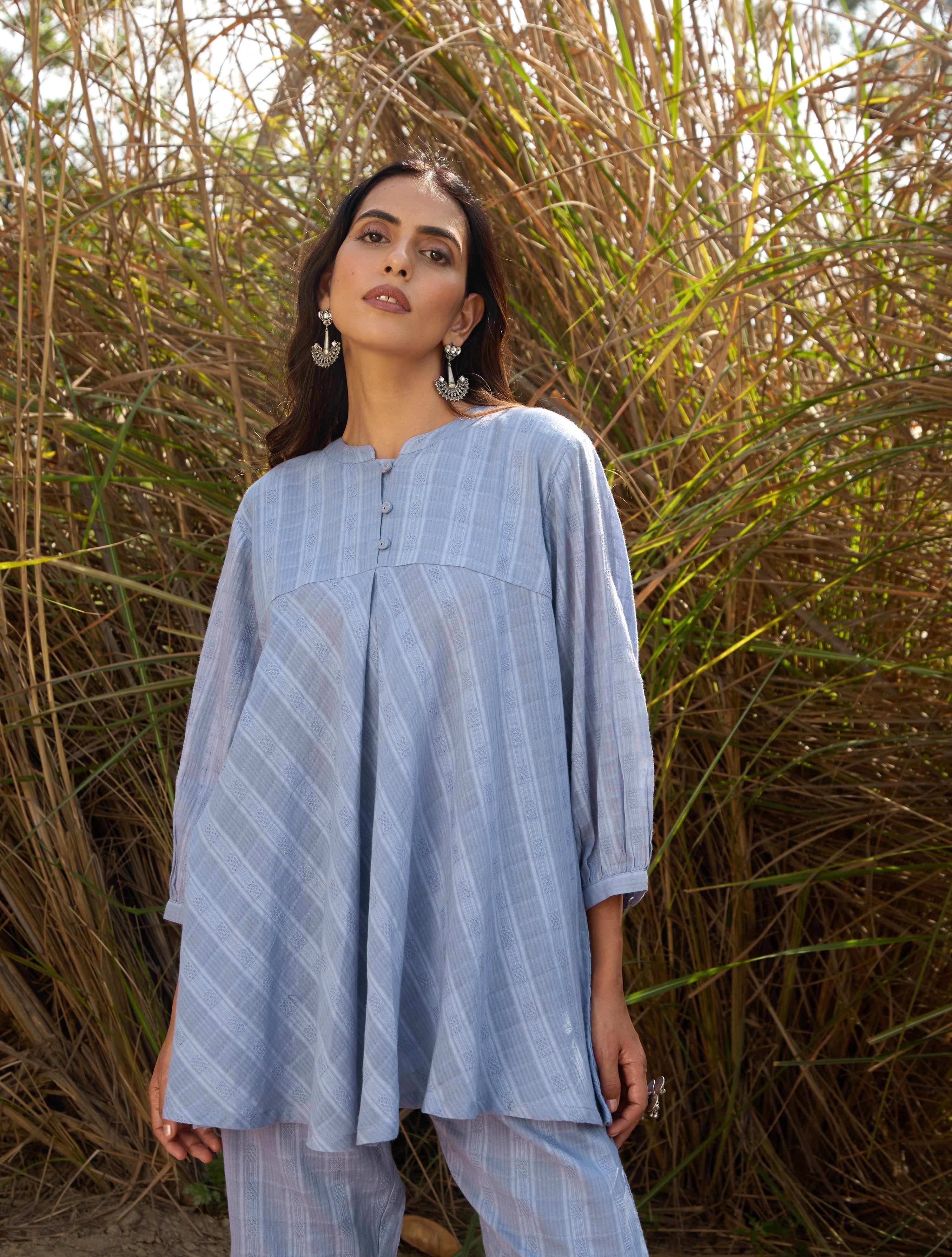 trueBrowns Light Blue Cotton Dobby Flared Co-ord Set