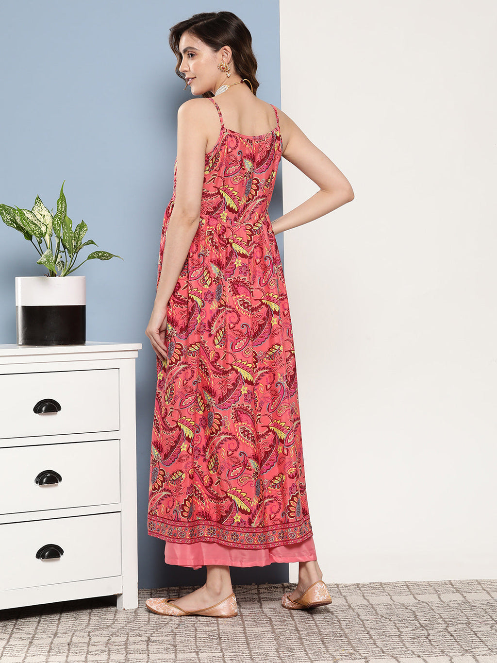 InWeave Women's Camelia Pastel Peach Print Strappy Kurta Set