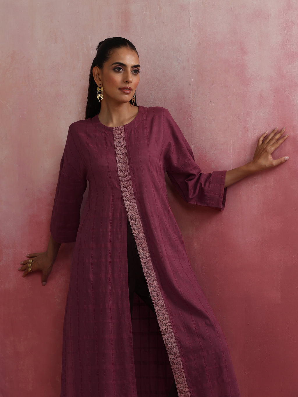 trueBrowns Mauve Cotton Dobby Front Slit Kurta Set