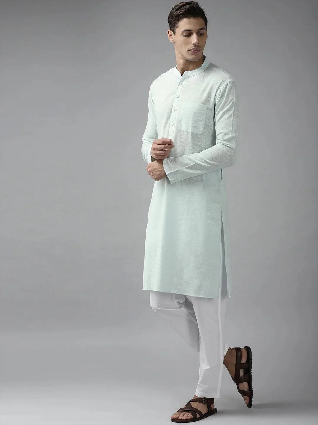 Fabmade Men Sky Blue Cotton Linen Kurta Pyjama