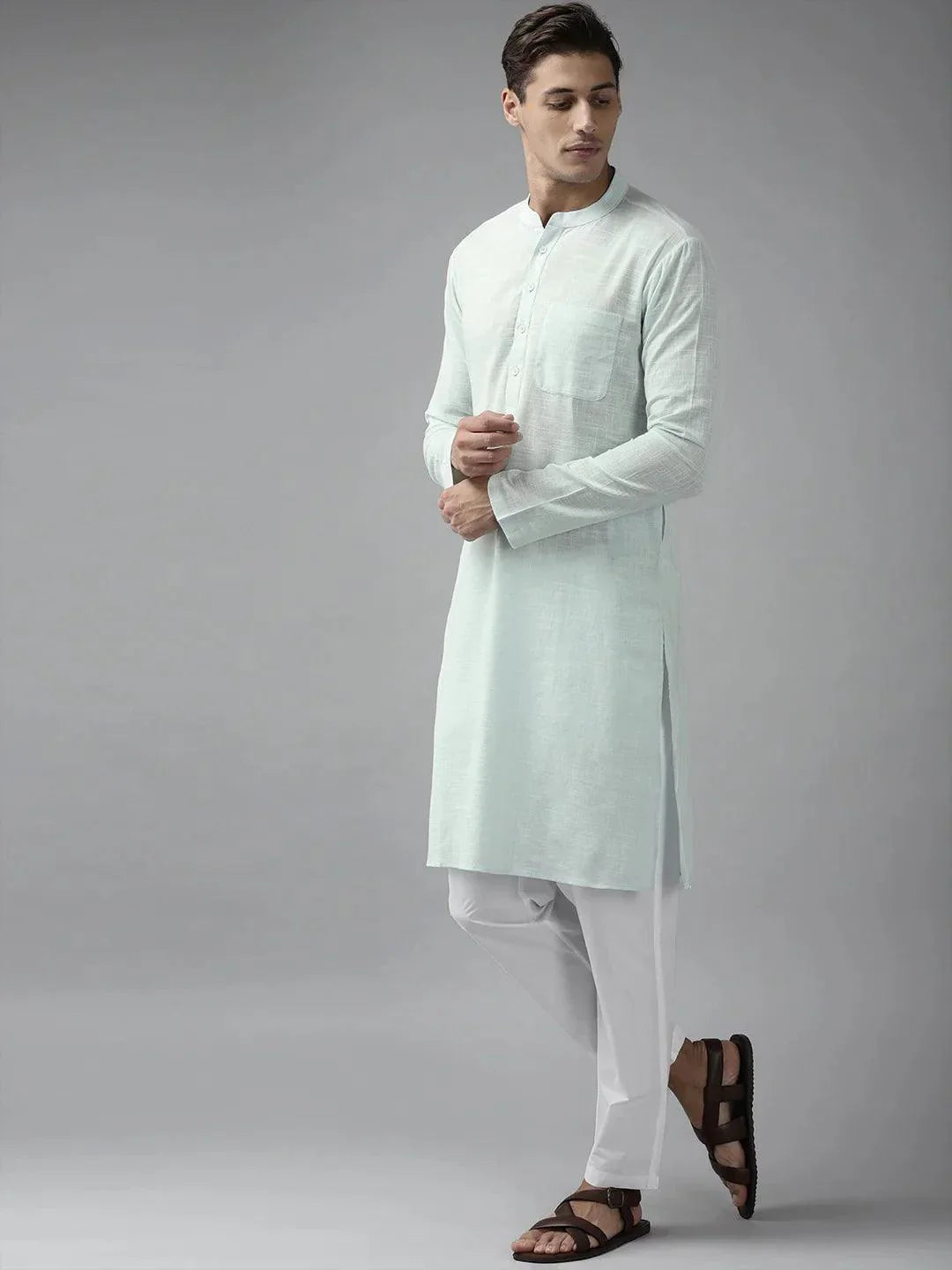 Fabmade Men Sky Blue Cotton Linen Kurta Pyjama