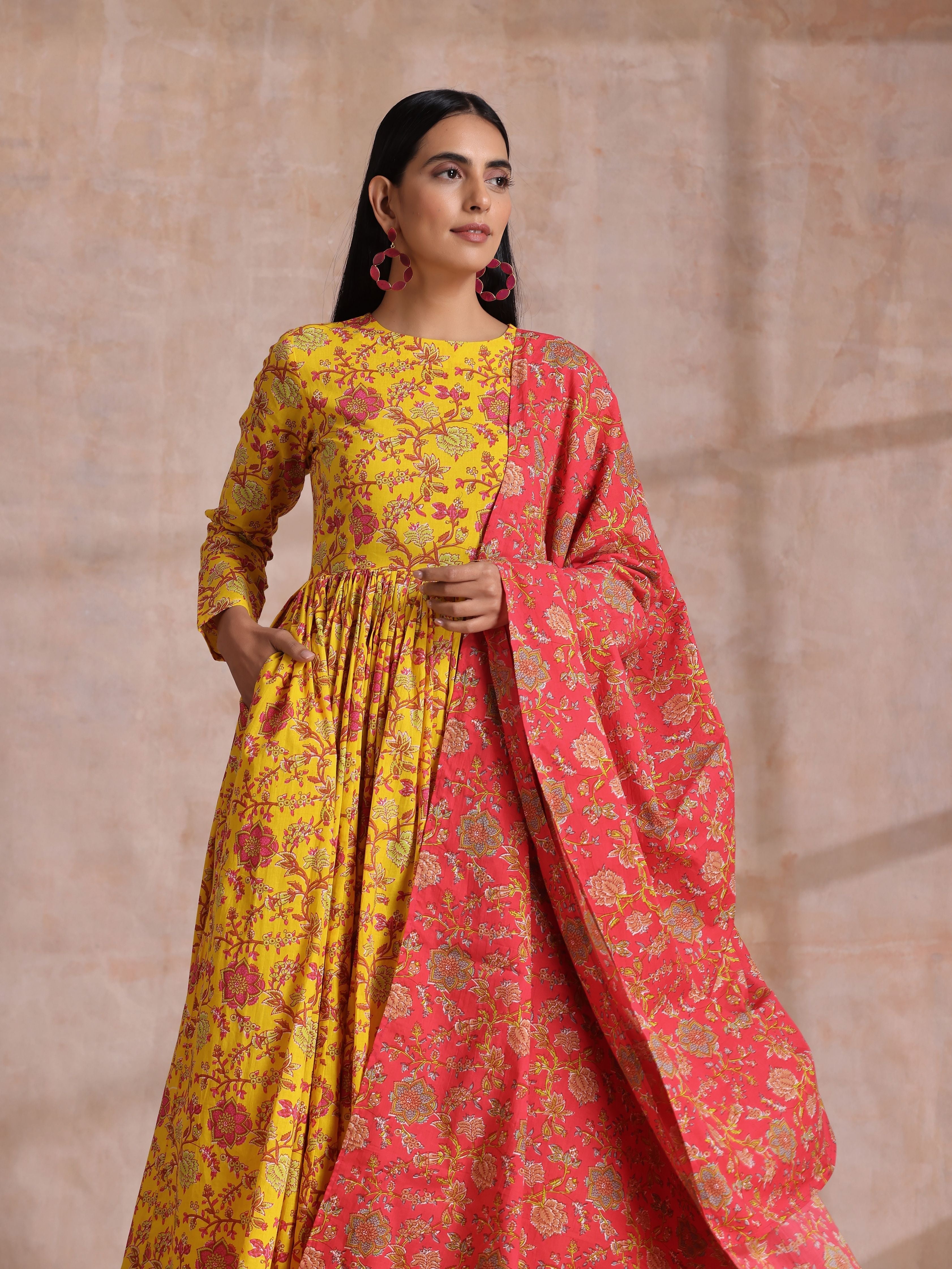 trueBrowns Sunshine Yellow Overall Floral Block Print Cotton Kurta Pant Dupatta Set