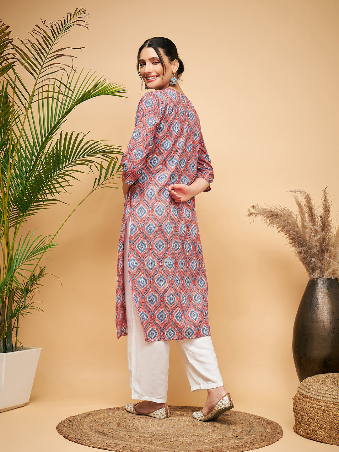 InWeave Women's Red Blue Ogee Print Gota Straight Kurta Pant Set