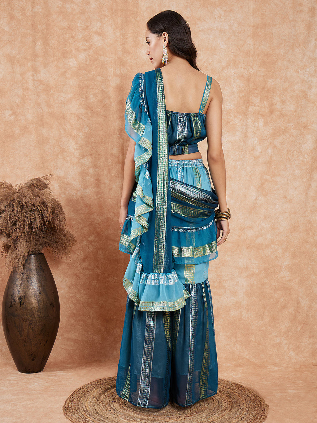 InWeave Women's Teal Shaded Lurex Frill Sharara Saree