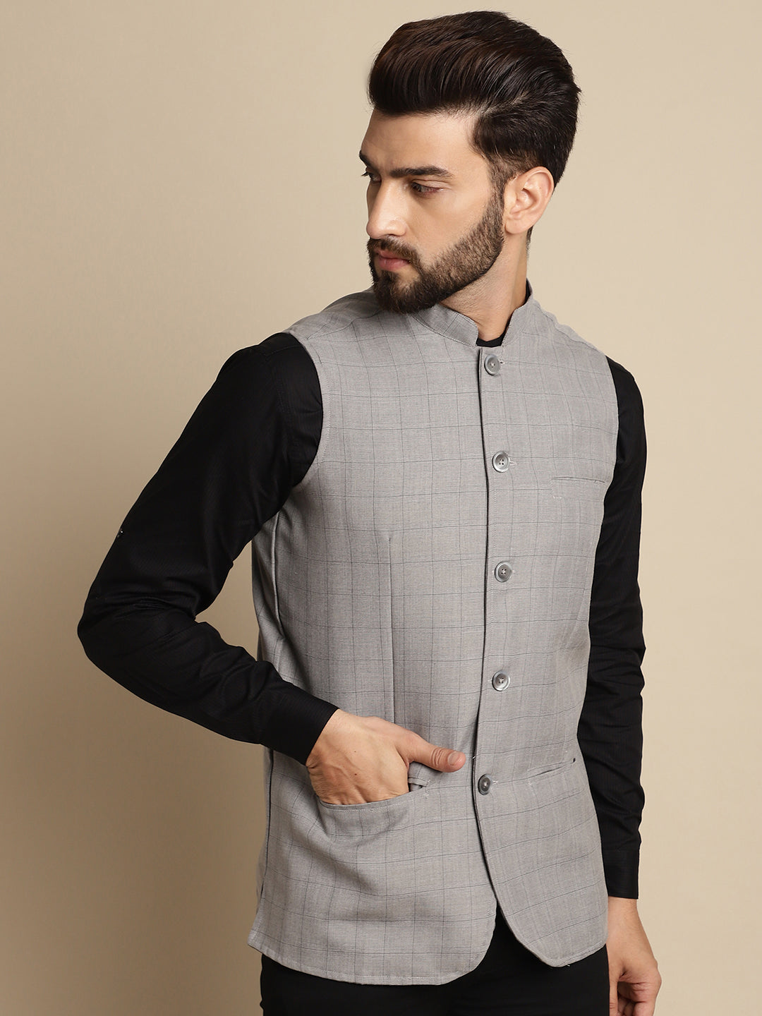 Even Apparels Men's Grey Mandarin Collar Waistcoat