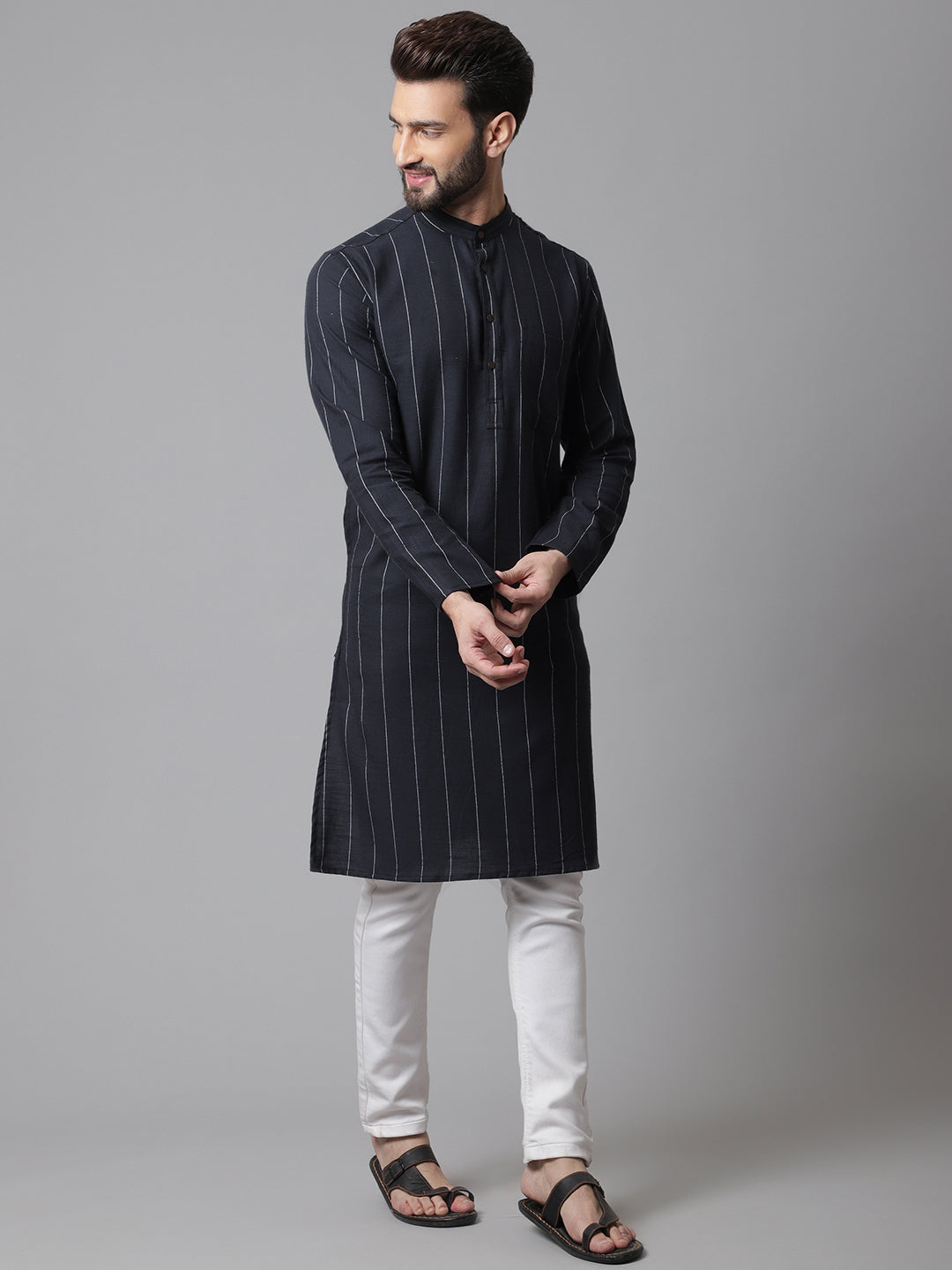 Even Apparels Black Pure Cotton Kurta With Band Collar