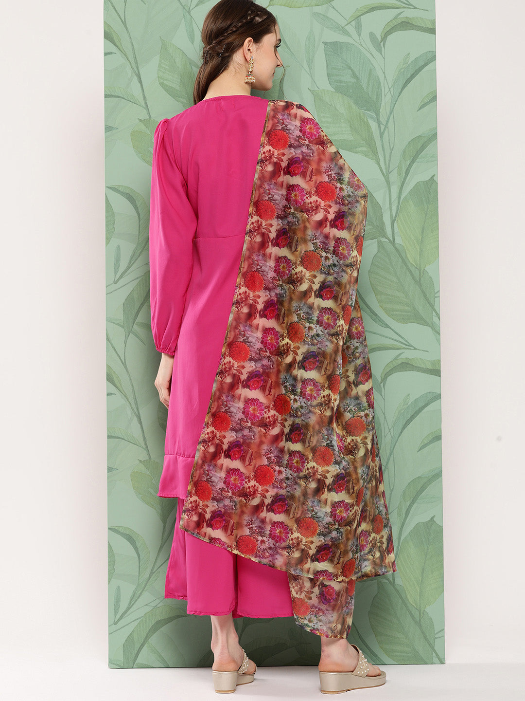 InWeave Women's Magenta Tie Up Kurta Set W Camel Brown Or Dupatta