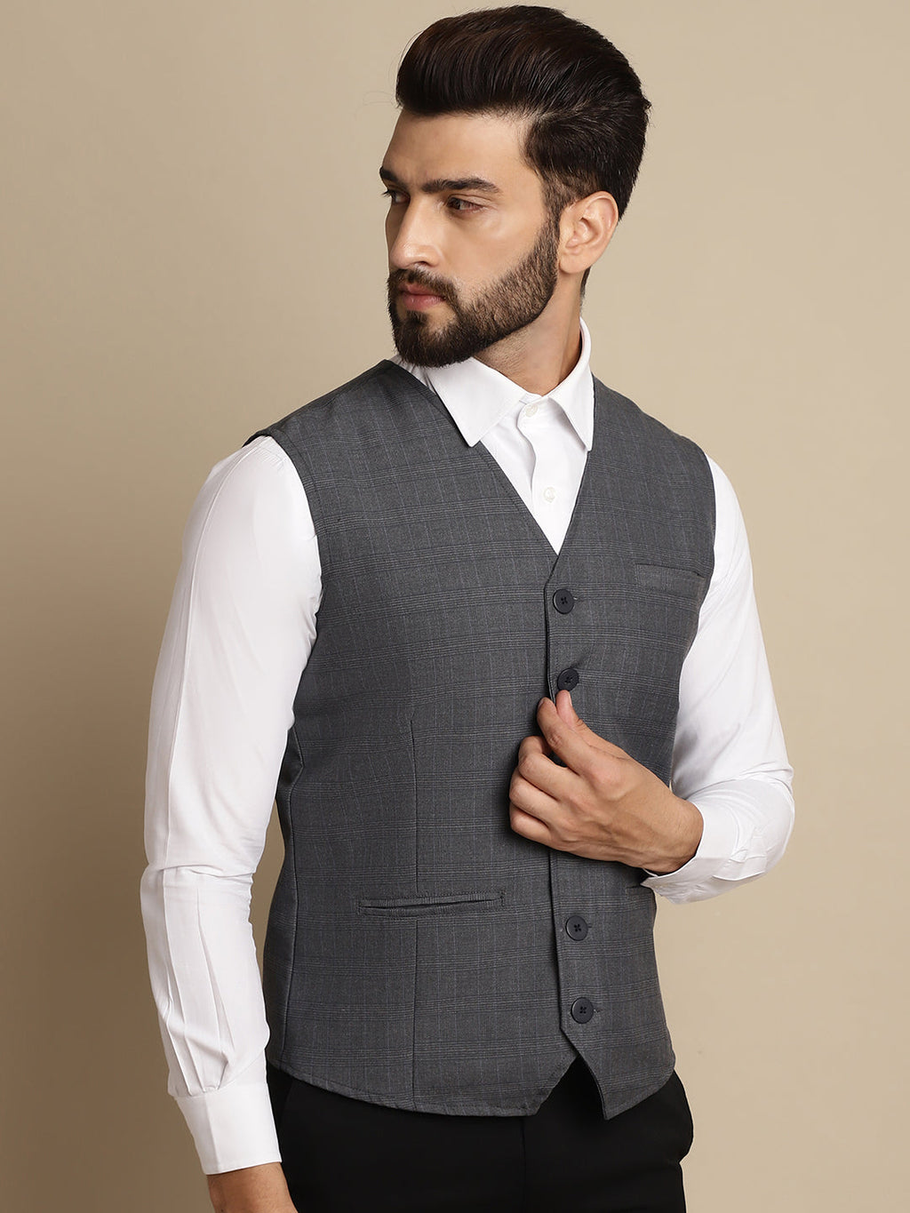 Even Apparels Men's Grey Waistcoat with welt pockets