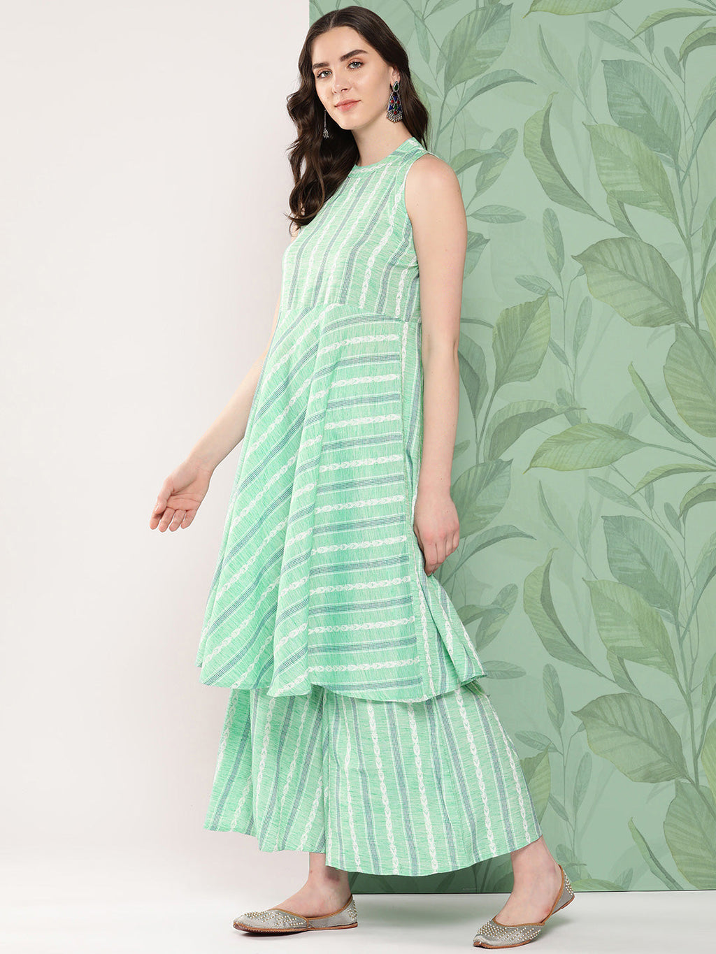 InWeave Women's Teal Kantha Striped Kurta Set