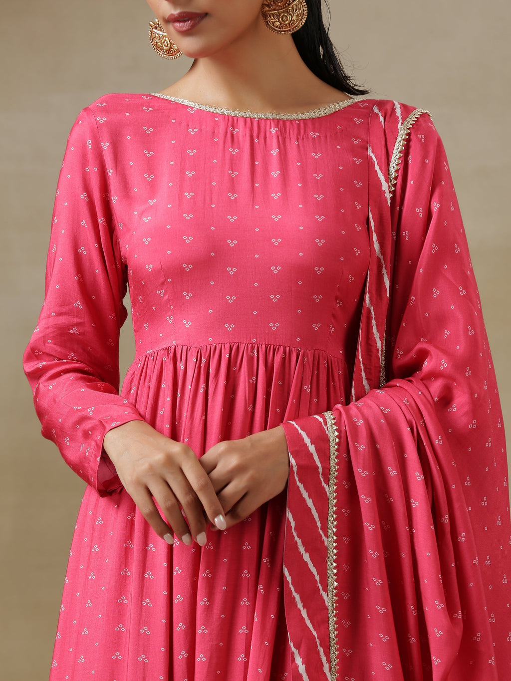 trueBrowns Pink Bandhani Printed Silk Anarkali Kurta Pant Dupatta Set