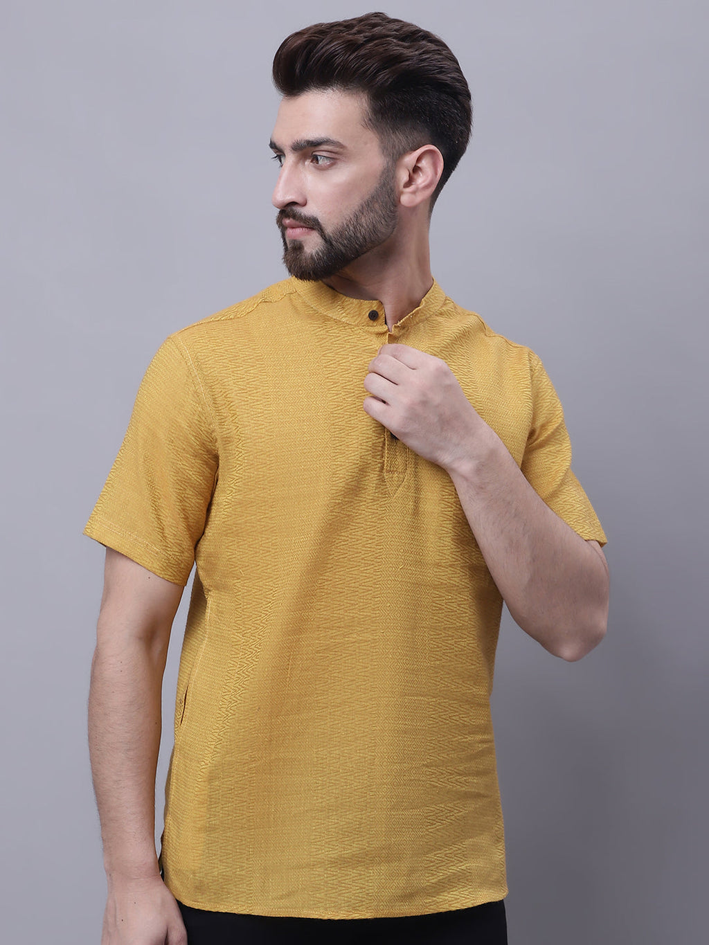 Even Apparels Yellow Pure Cotton Short Sleeves Kurta With Band Collar