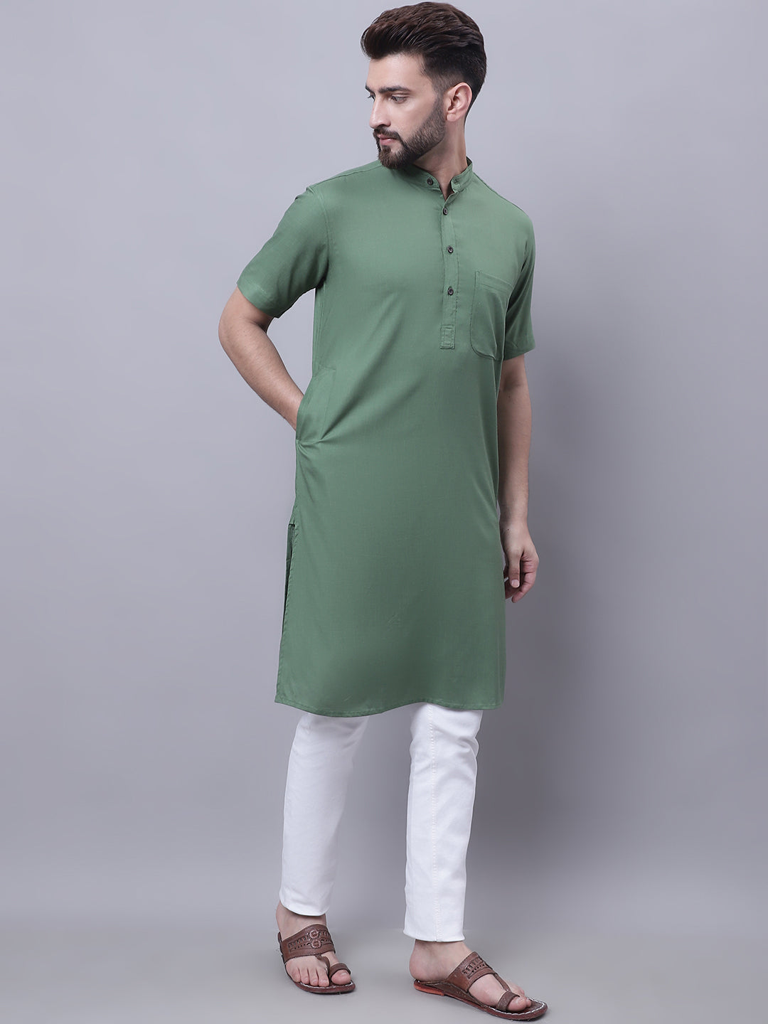 Even Apparels Green Pure Cotton Short Sleeves Kurta With Band Collar