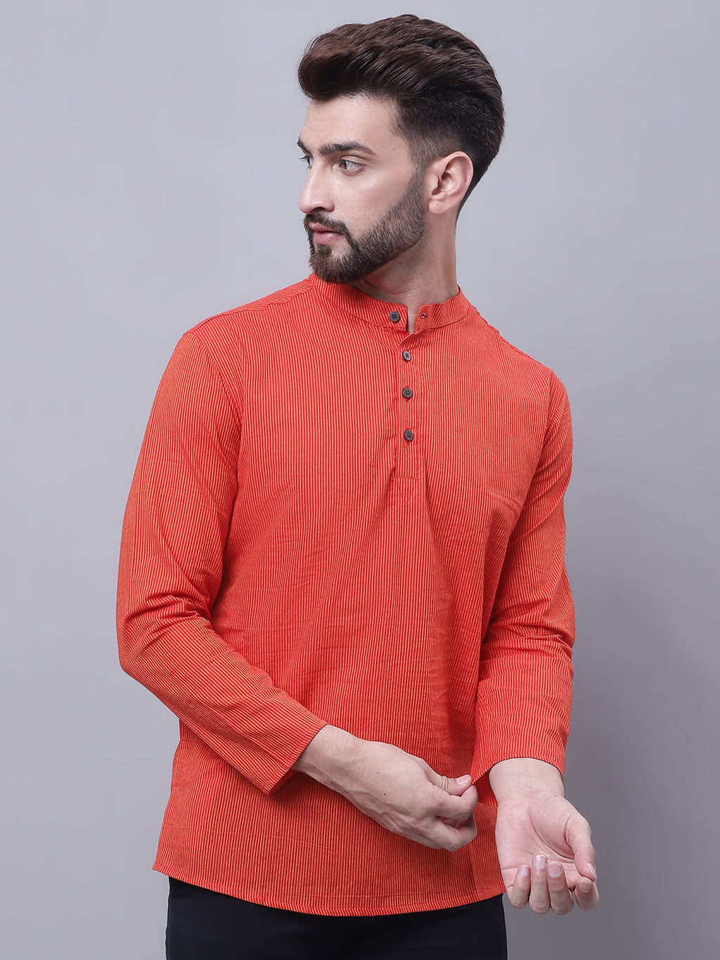 Even Apparels Orange Pure Cotton Short Kurta With Band Collar