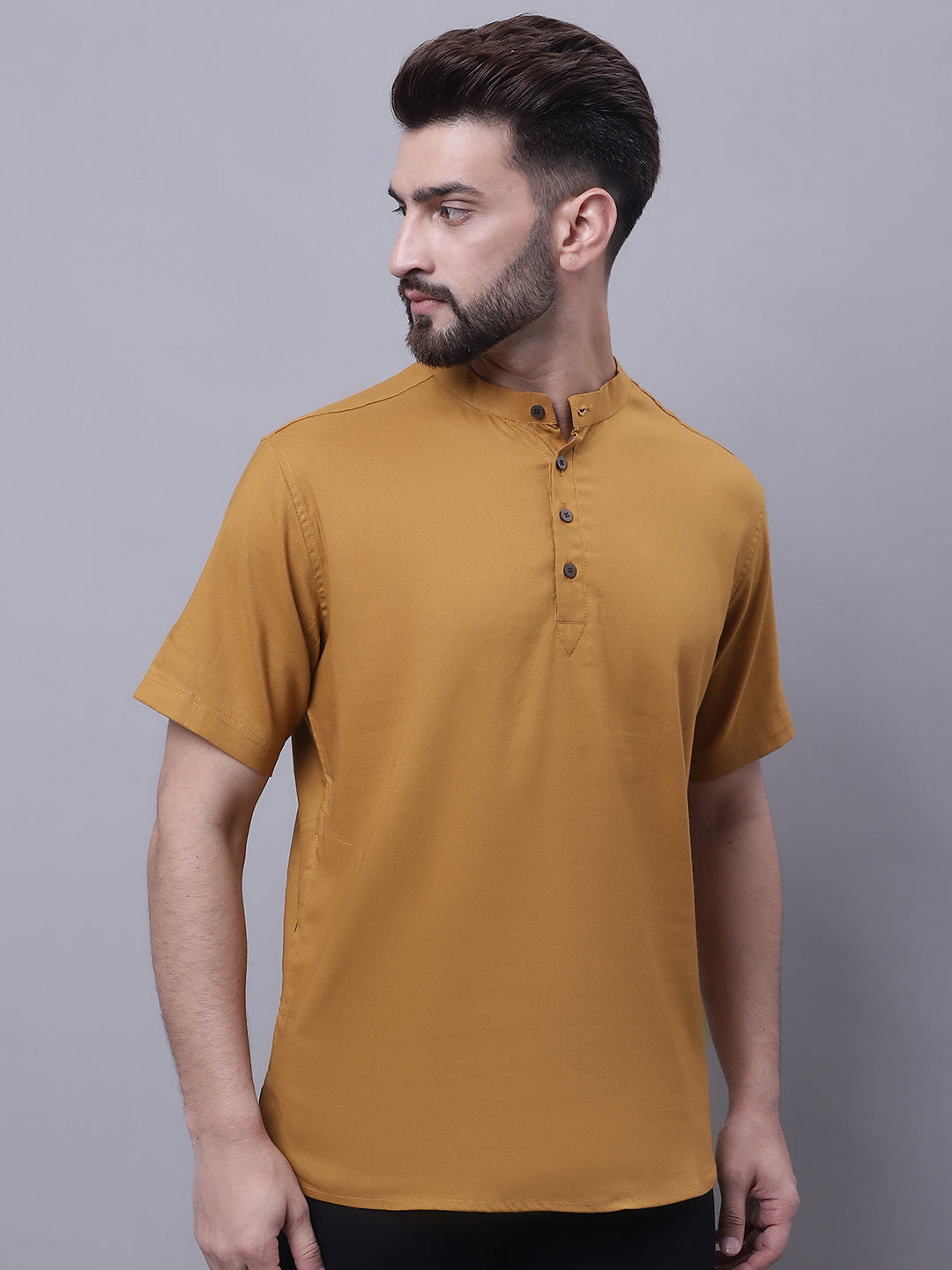 Even Apparels Brown Pure Cotton Short Kurta With Band Collar