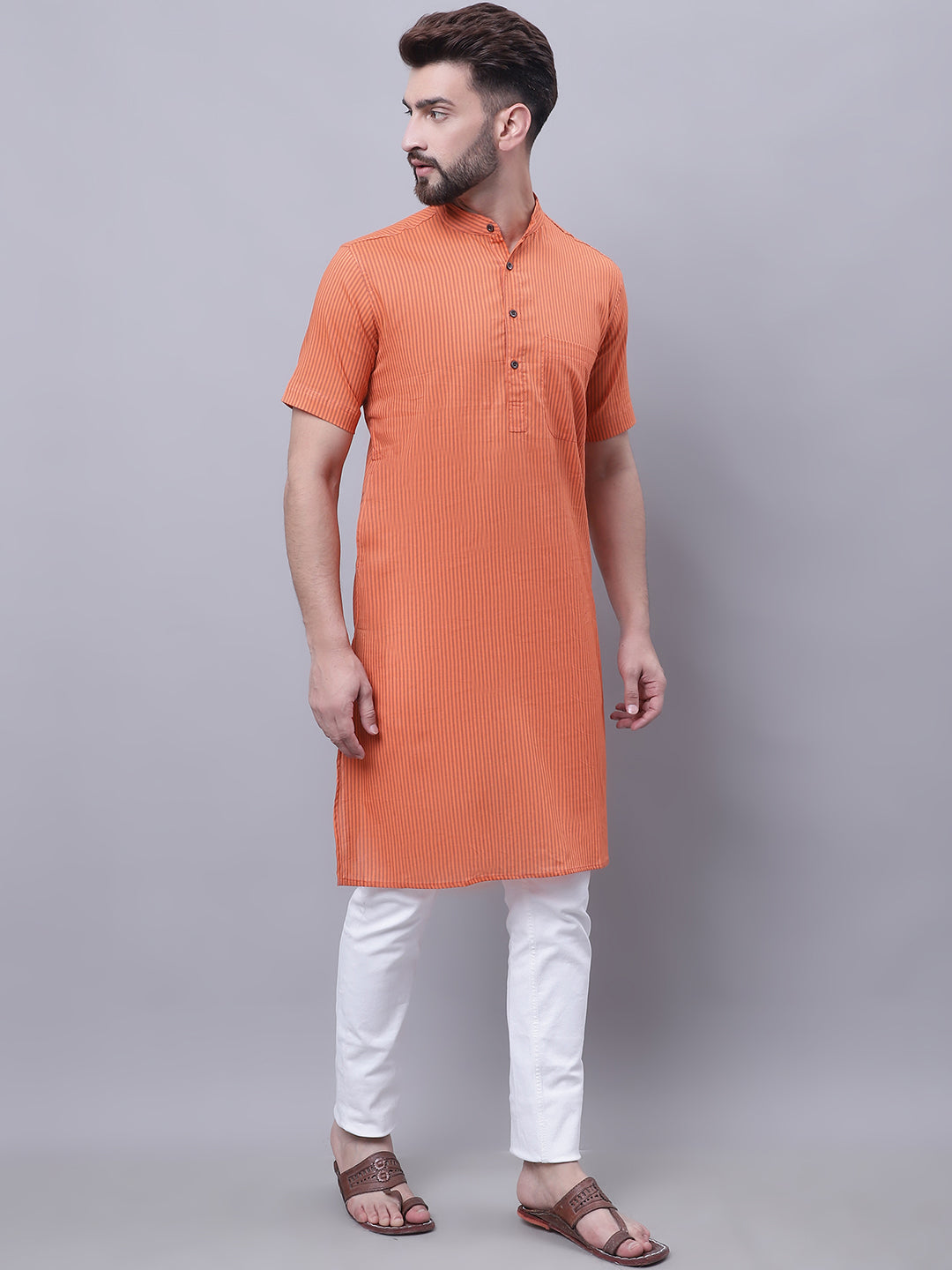 Even Apparels Rust Pure Cotton Short Sleeves Kurta With Band Collar