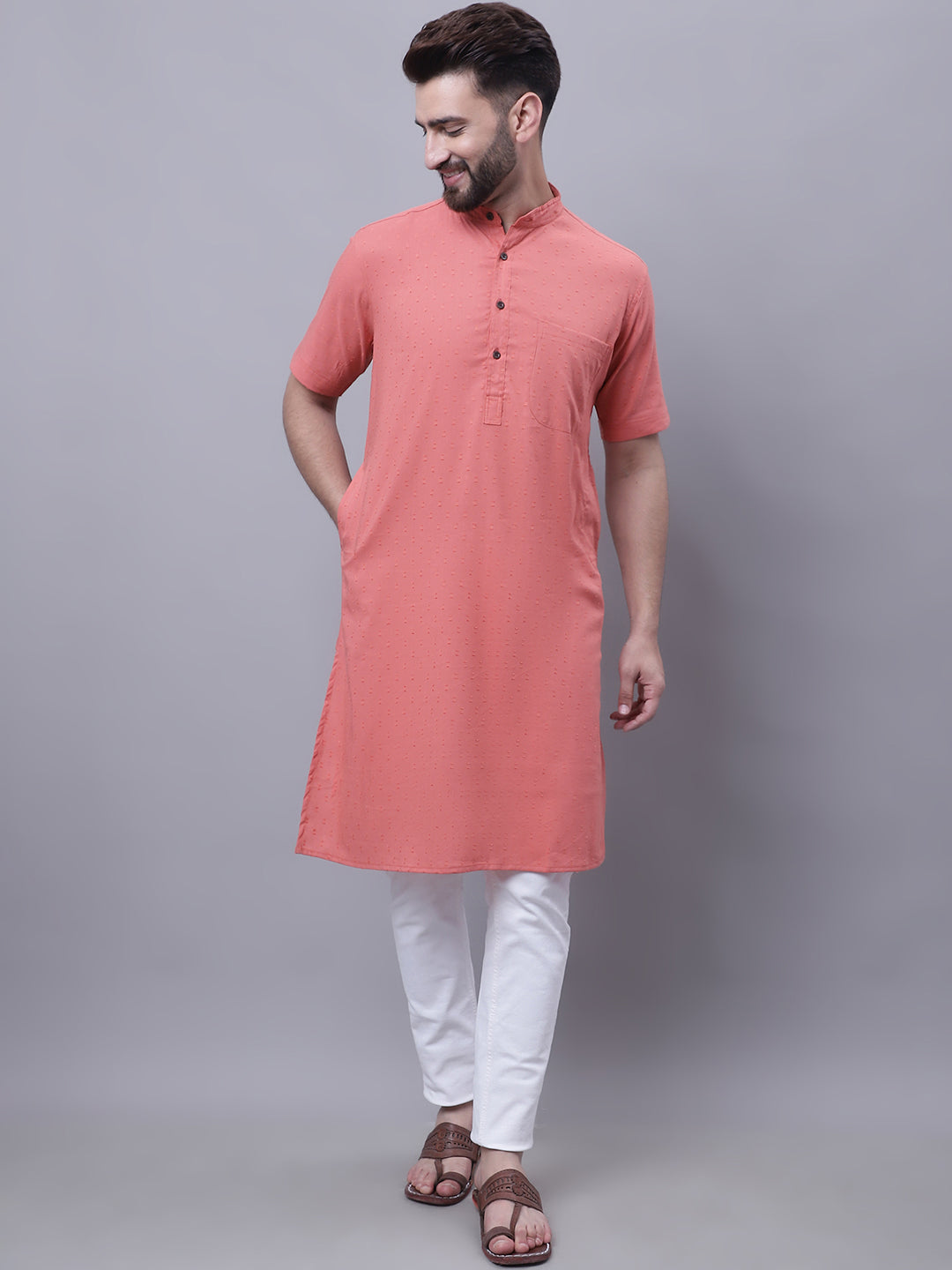 Even Apparels Peach Pure Cotton Short Sleeves Kurta With Band Collar