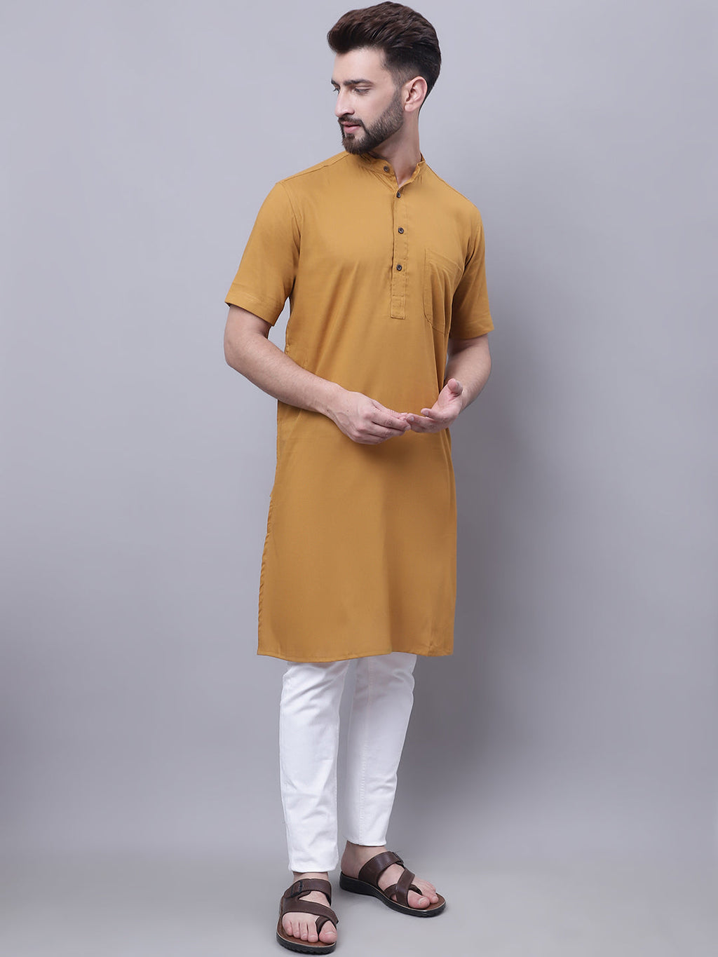 Even Apparels Mustard Pure Cotton Short Sleeves Kurta With Band Collar