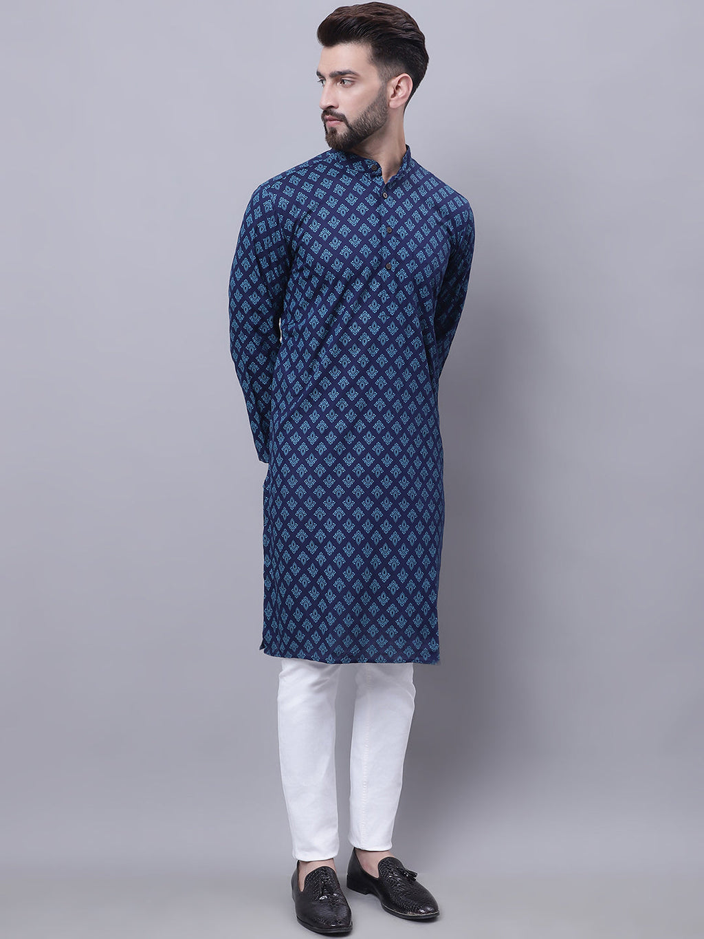 Even Apparels Blue Pure Cotton Kurta With Band Collar