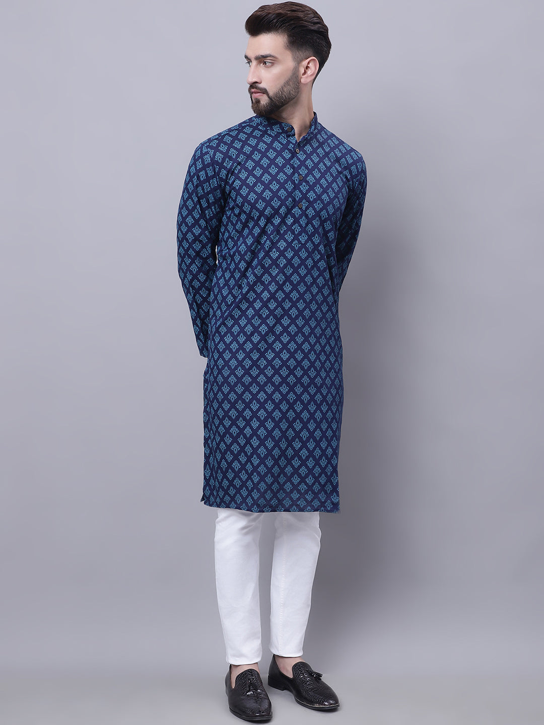 Even Apparels Blue Pure Cotton Kurta With Band Collar