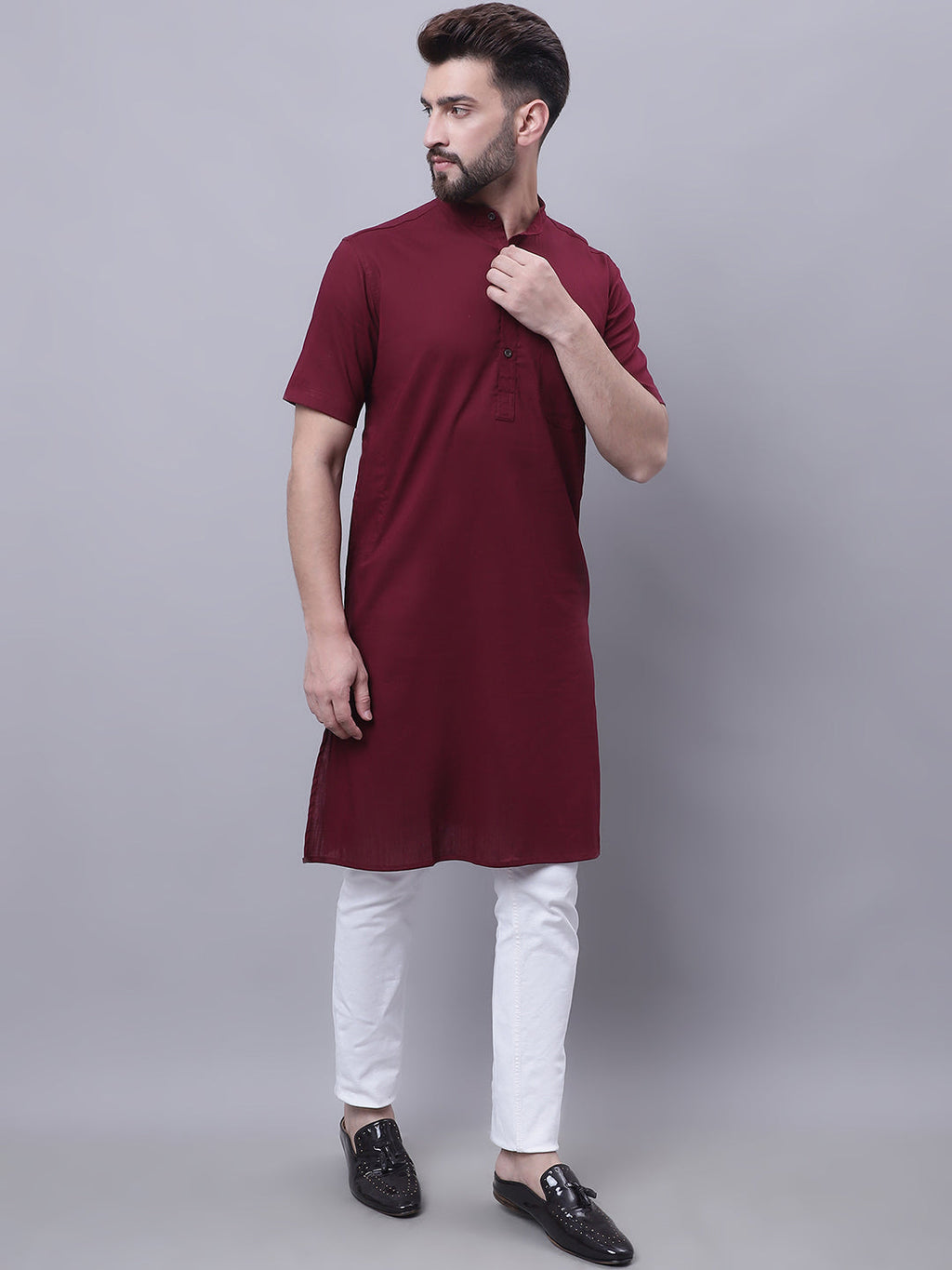Even Apparels Red Pure Cotton Short Sleeves Kurta With Band Collar