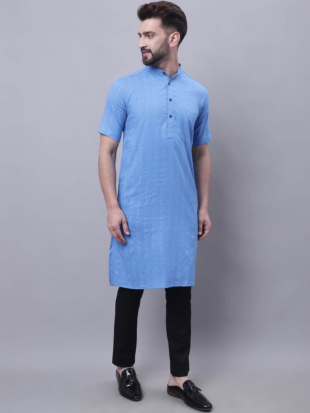 Even Apparels Blue Pure Cotton Short Sleeves Kurta With Band Collar